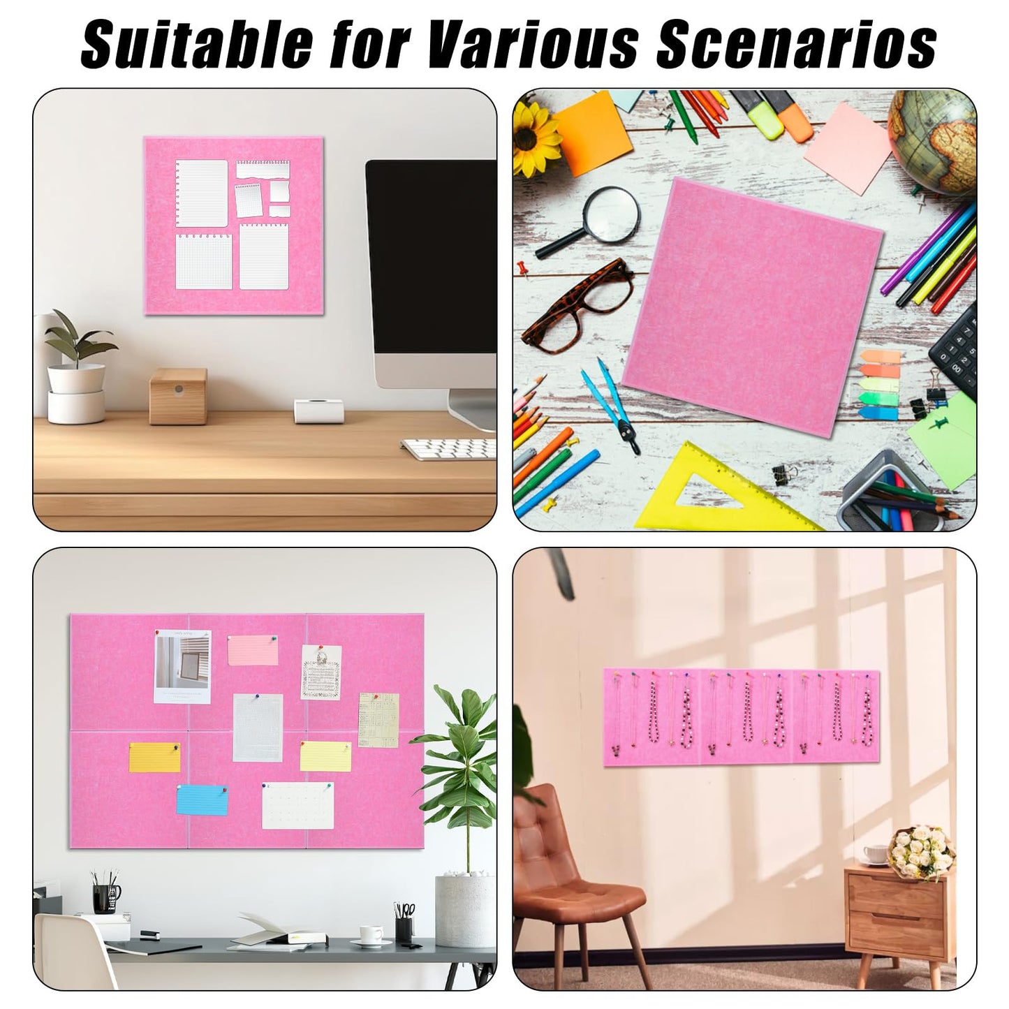 Large Cork Board 36" x 24", 6 Pack Felt Bulletin Board with 30 Pushpins, Cork Boards Alternative with Self-Adhesive Strips, Felt Wall Tiles Pin Boards for Walls Office Home School Decor-Hot Pink
