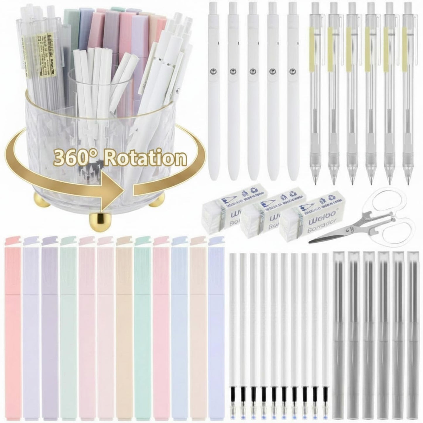 Eersida 44 Pcs Aesthetic School Supplies with 360° Rotating Pen Organizer, Office Supplies, 12 Highlighters, 5 Ink Gel Pens, 6 Mechanical Pencils Set for Stationary Office Desk Accessories(Clear)