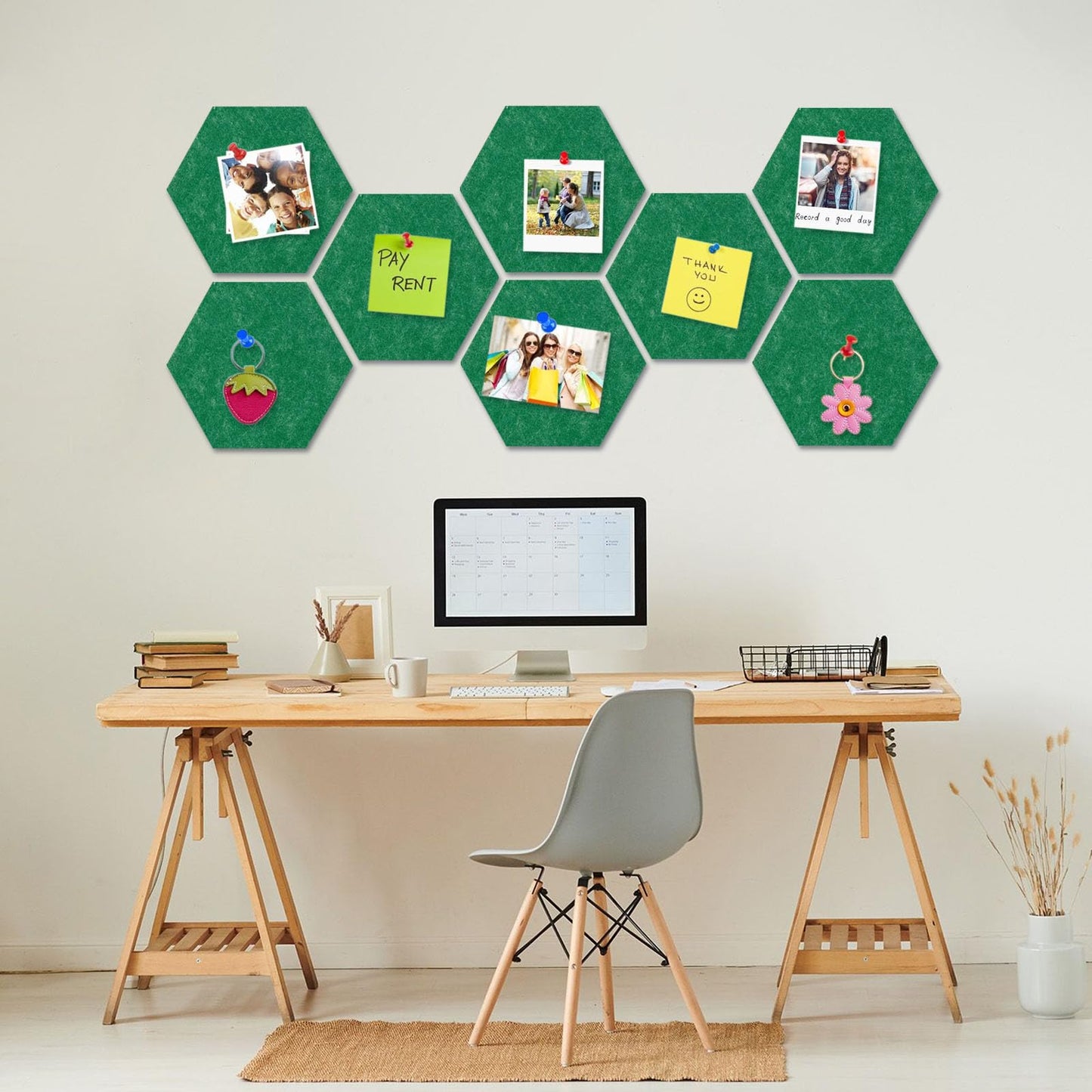 8 Packs Green Hexagon Felt Pin Board, 12" Bulletin Board with 30 Push Pins, Felt Board for Home Kitchen Office Decor, Self-Adhesive Corkboard Tiles for Walls Classroom Message Photos Memos Display