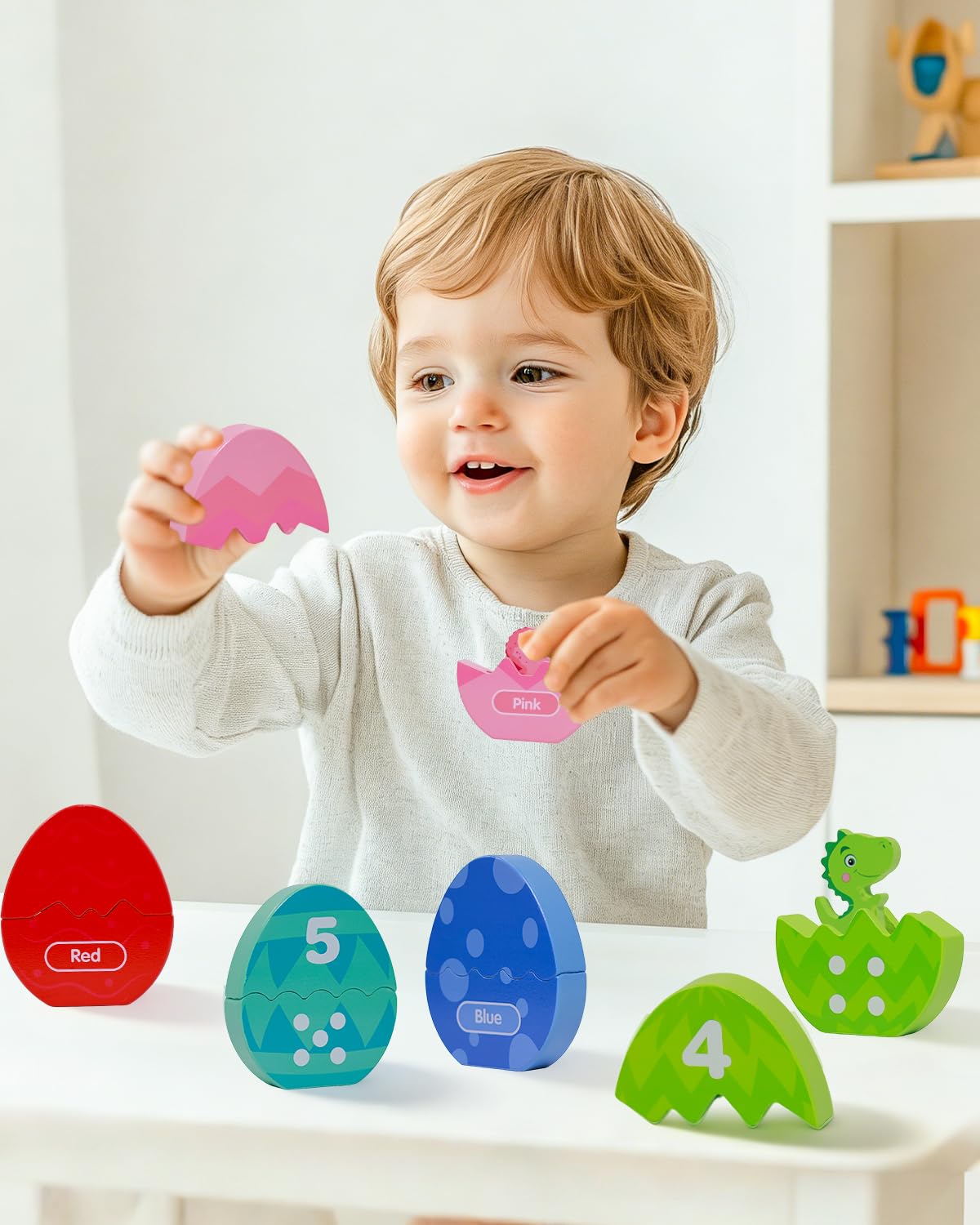 OEUVI Toddlers Learning Toys Wooden Number Counting Montessori Educational Toys Matching Eggs Dinosaur Toys Sorting Fine Motor Games Christmas Birthday Easter Gift for Kids Boys Girls Ages 3+