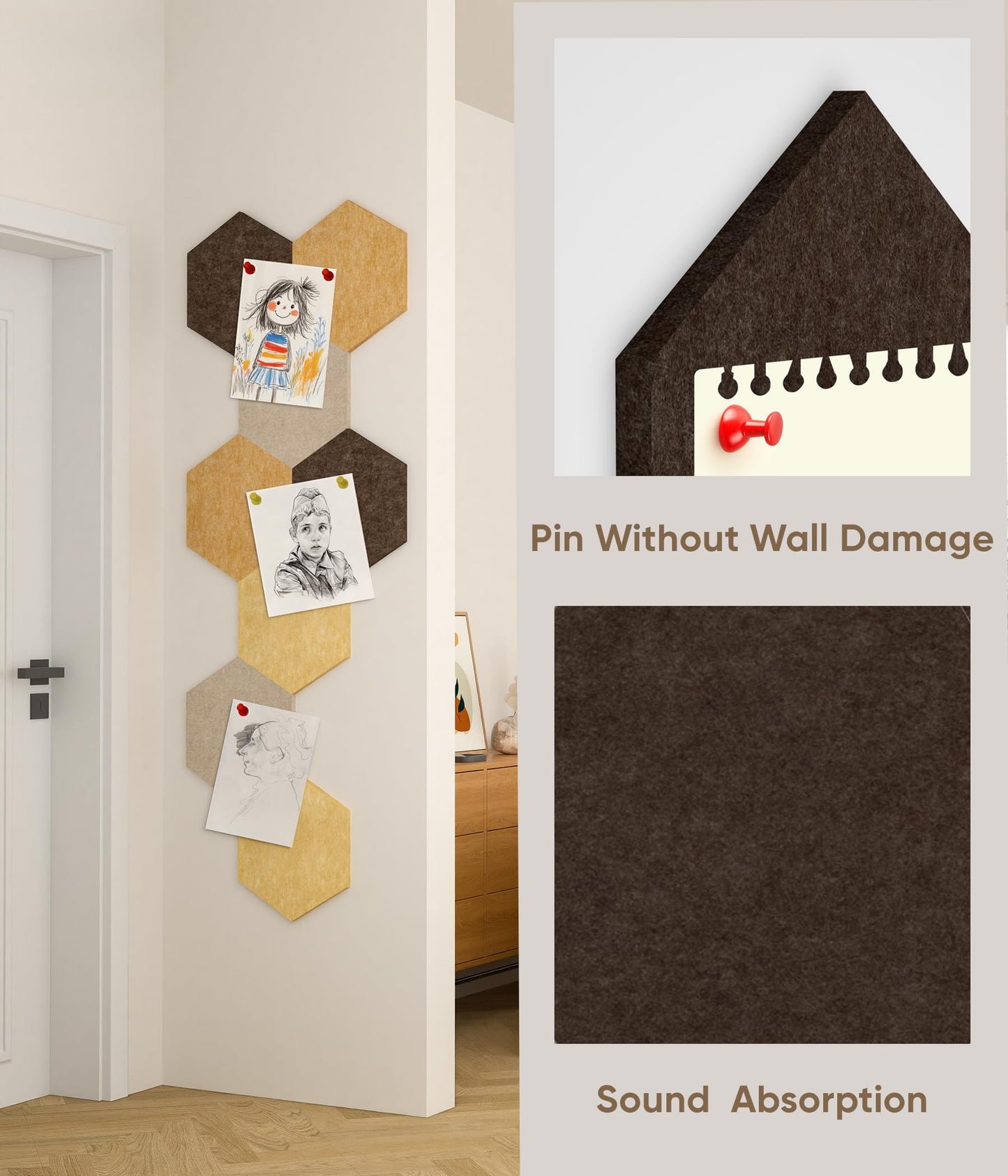 Toptople 12 Inch Large Hexagon Cork Board for Walls, 8 Pack Felt Bulletin Board Tiles, Pin Board with Push Pins for Office Photo and Note, Maillard Brown