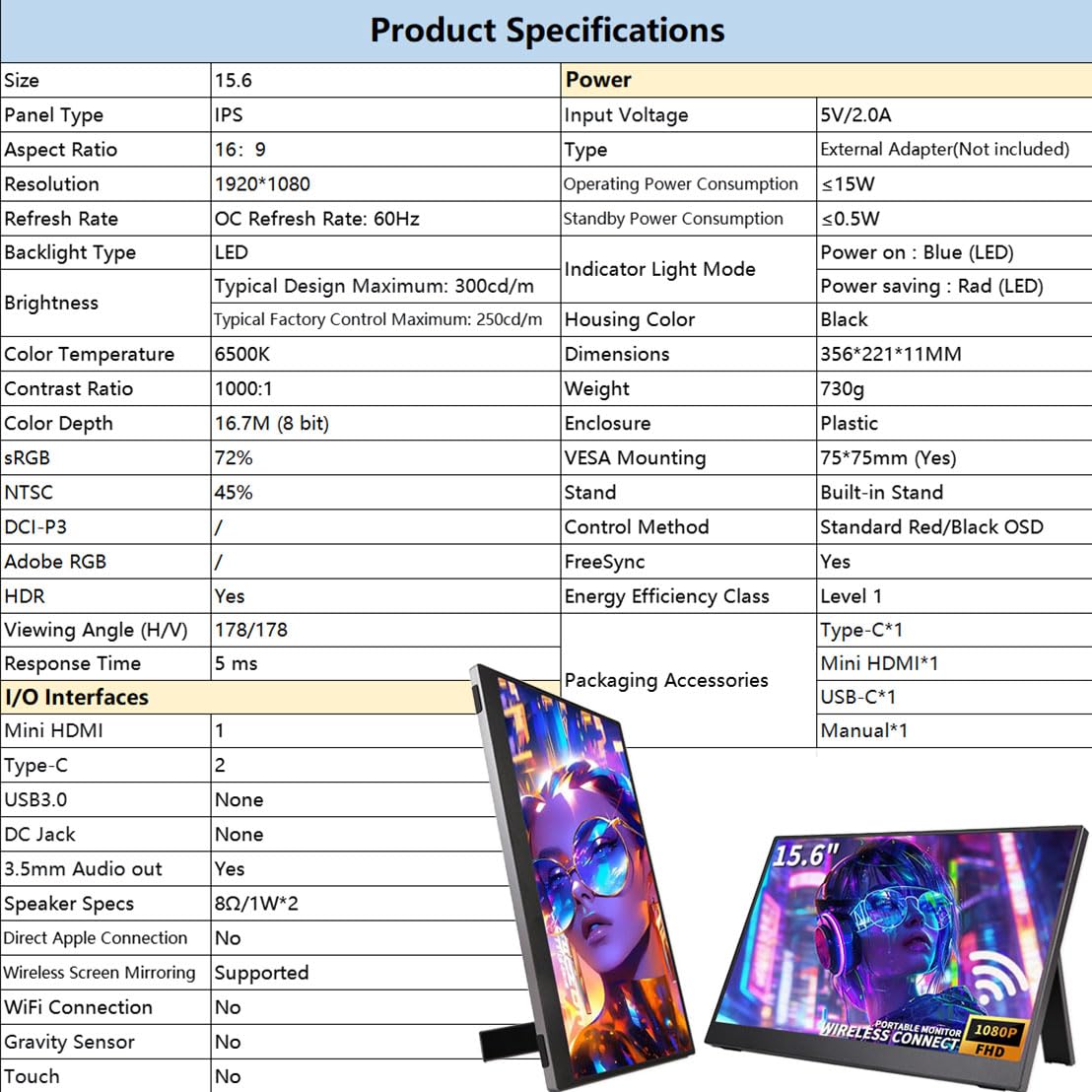QQU 15.6 Inch Wireless Portable Monitor, HDR Eye Careful Gaming Monitor, FHD IPS/HDR Computer Screen Extender with Built-in Speakers, Compatible with Laptop PC Phone PS4/PS5 Switch