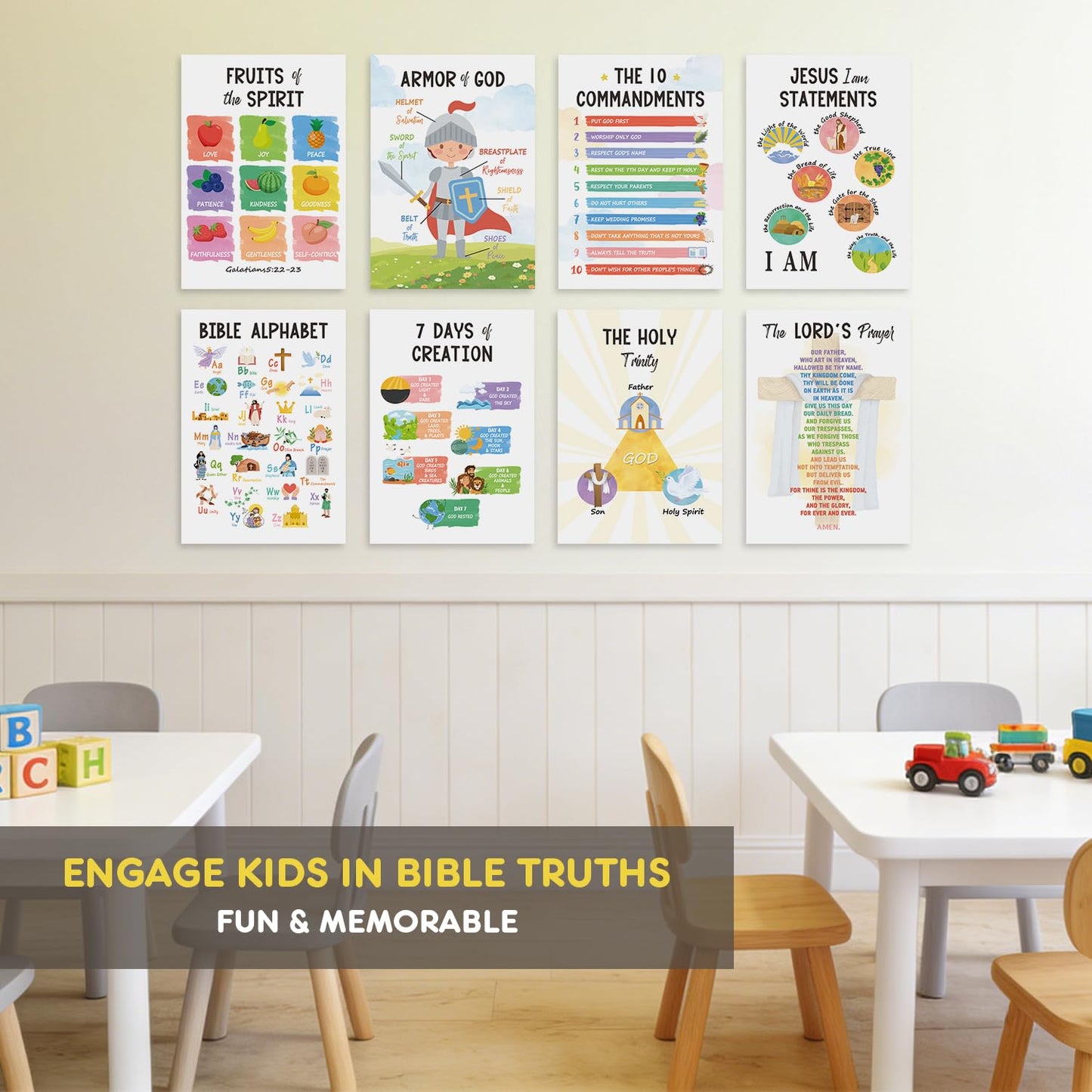 SEOIFUNG 12 PCS Kids Bible Education Posters Set (11x17") - Biblical Learning Charts for Sunday School Classroom Christian Religious Home Wall Decor, Books of the Bible, 10 Commandments & More