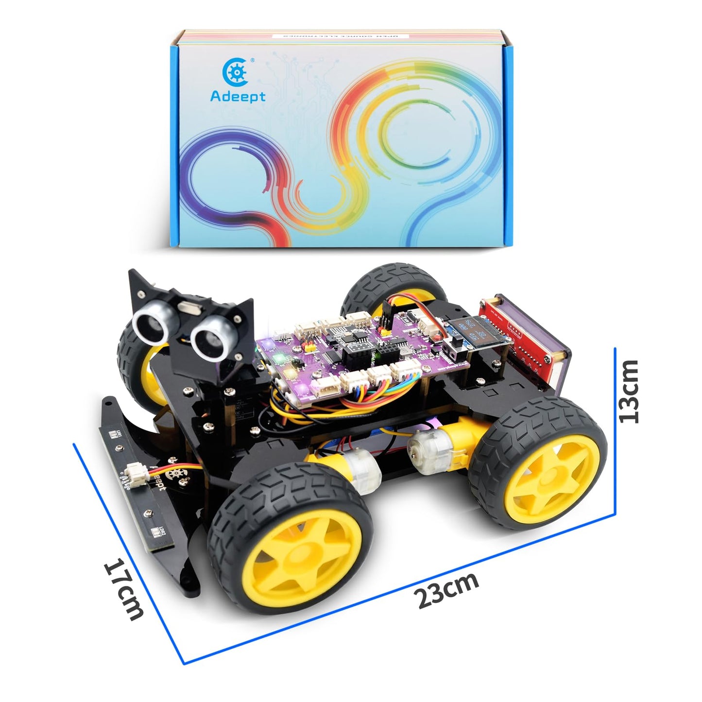 Adeept 4WD Smart Car Kit(Compatible with Arduino IDE), Line Tracking, Light Tracing, Obstacle Avoidance, Servo Motor, OLED Display, Buzzer, LED Dot Matrix Display