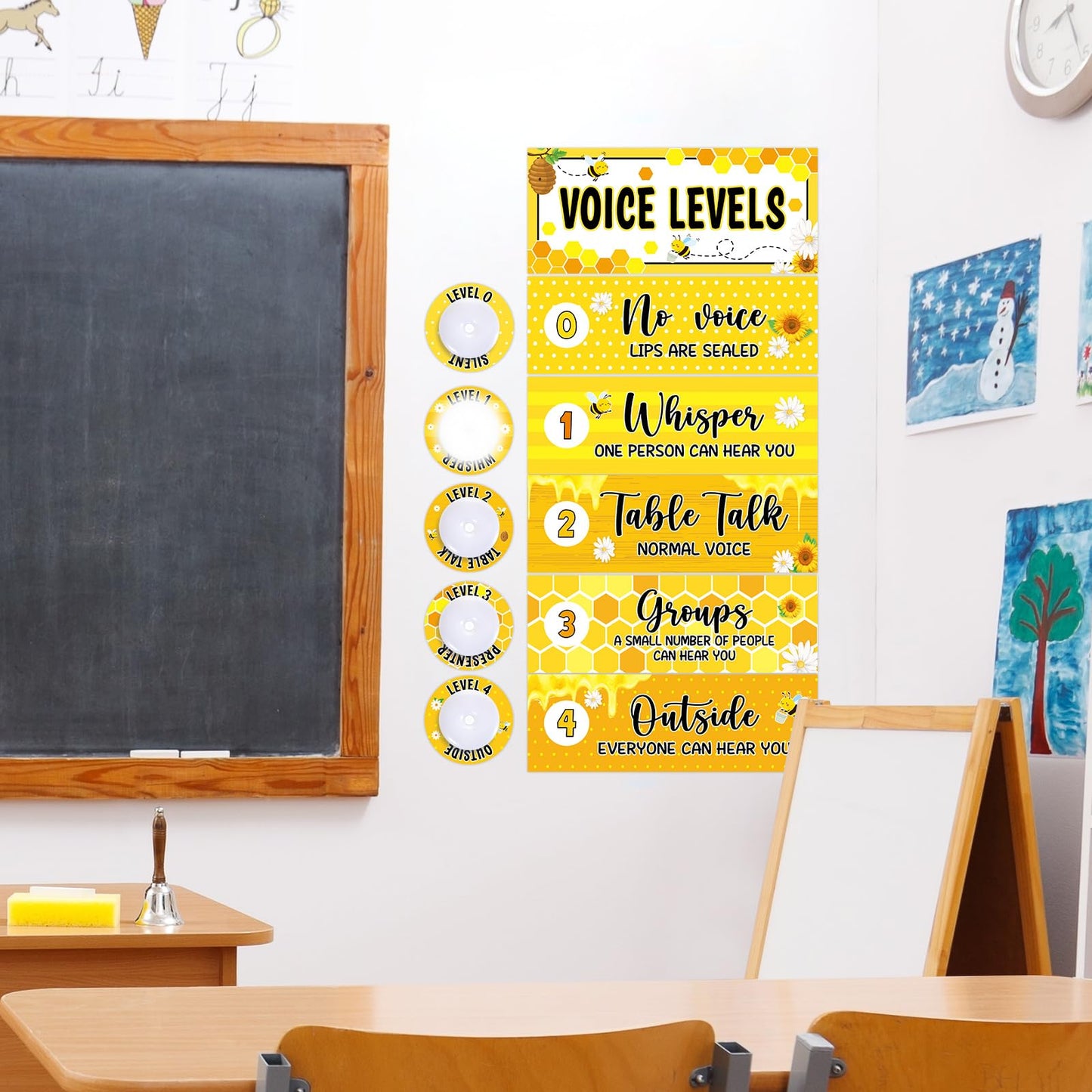 5 Pcs School Push Light and Voice Level Poster Voice Level Chart Monitor Rules Sign LED Tap Light Classroom Rules Poster Noise Chart Classroom Management Tools for Teachers Back to School(Bee Style)