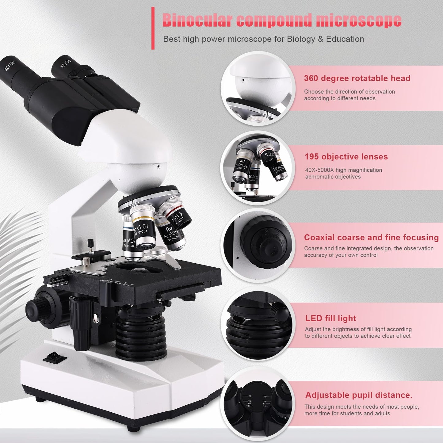 Woehrsh Microscope for Adults WF10x and WF25x eyepieces, 40X-2000X Magnification USB Camera, Microscope for Adults Suitable for Laboratory School (Large Model Binocular Electronic Eyepiece)