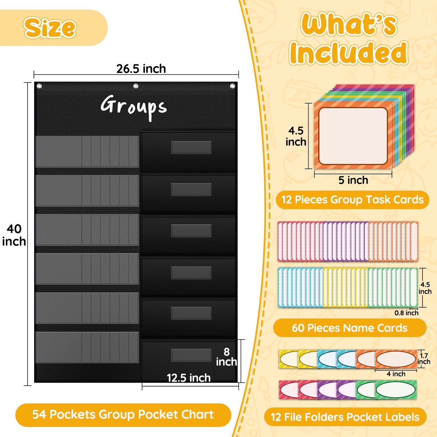AKAYOK Small Group Pocket Chart with 84 Colorful Dry Erase Cards, Classroom Jobs Chart with 6 Pocket Wall Hanging File Folder, Pocket Chart for Classroom,Office,Home, Small Group Classroom Must Haves