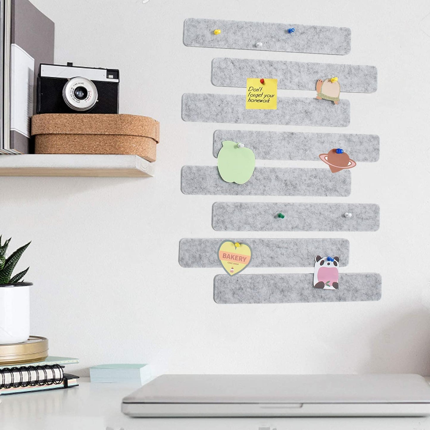 Vuzvuv 8Pcs Light Grey Cork Board Bar Strips with 50 Pushpins & Sticky Notes, Self-Adhesive Bulletin Board Strips No Damage for Wall, Felt Pin Board for Paste Notes, Photos, Schedules Office Decor