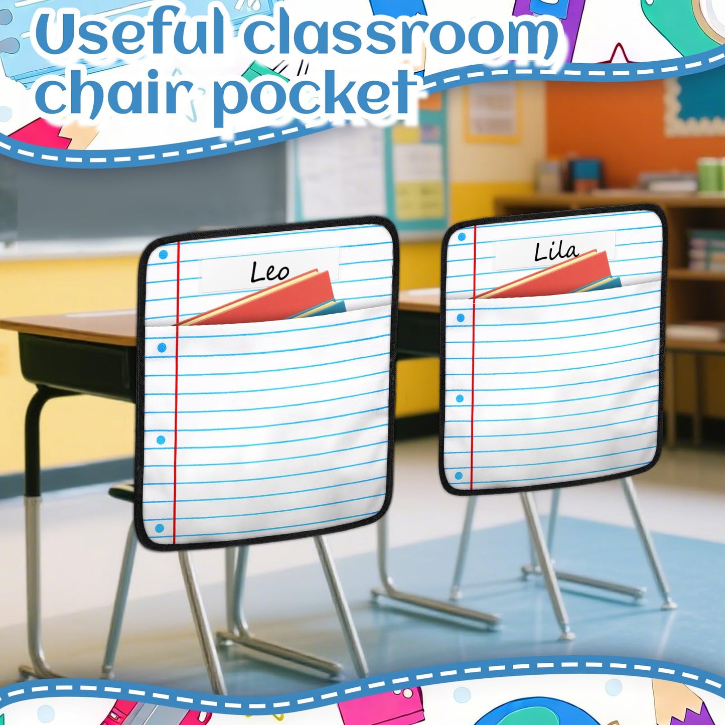 24Pcs Classroom Seat Back Organizer, 17 * 19 Inch Chair Pockets with Name Tag, Back to School Classroom Chair Hanging Bag Seat Sacks Suitable for Families Kindergartens and Primary School Classrooms