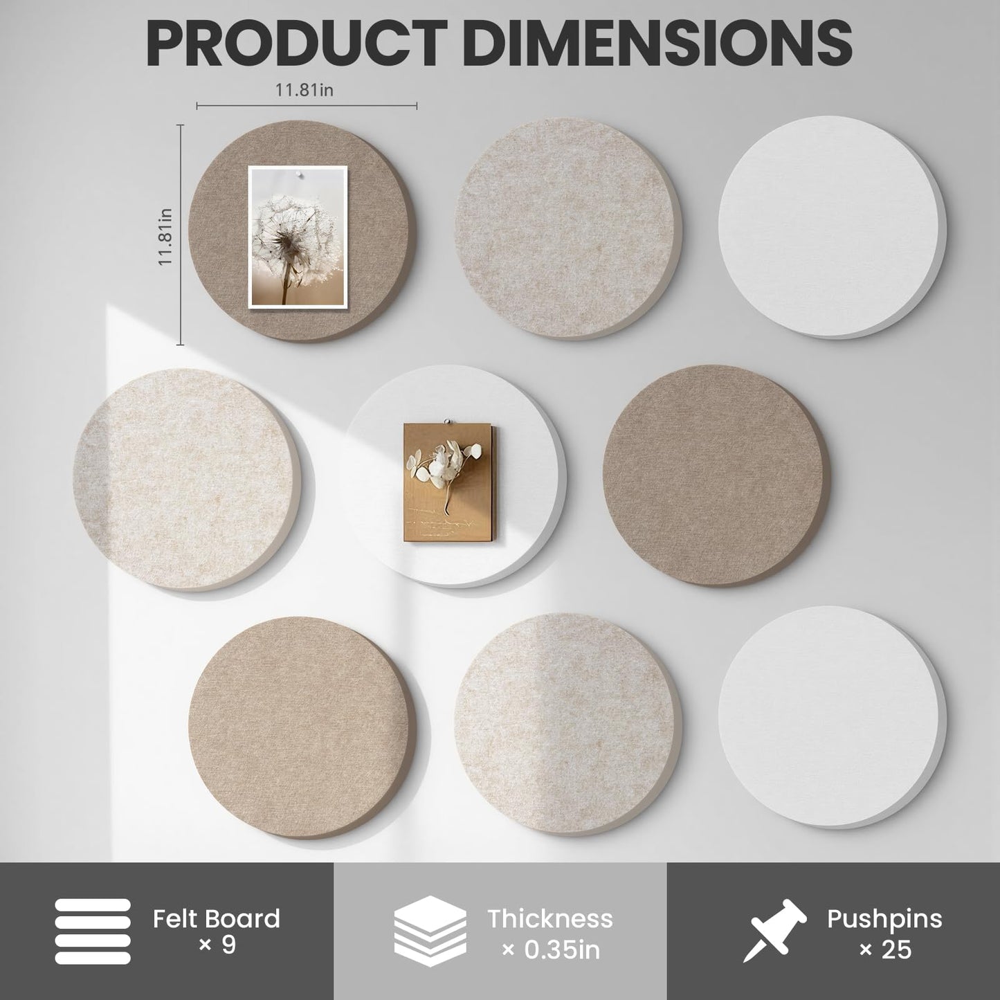 Bulletin Board, 11.8'' X 11.8'' Cork Board Alternative, 9 Pack Round Felt Board with Pushpins, Decorative Felt Notice Vision Board Photo Display Board for Office Home School Wall