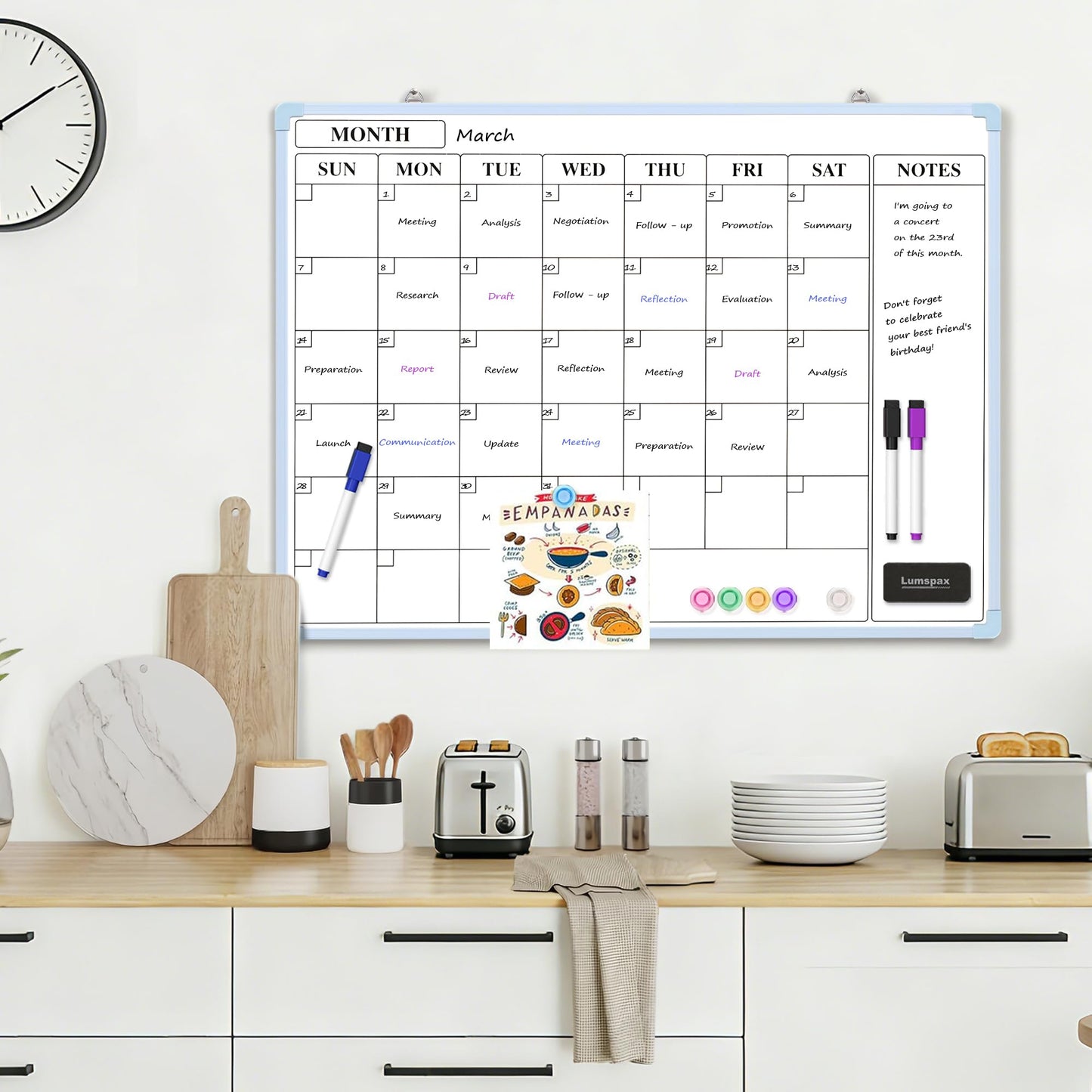 Lumspax Monthly Whiteboard Calendar for Wall, 24" x 18" Dry Erase Board with Plastic Frame, Hanging Dry Erase Calendar with 3 Mini Sticky Notes for Kitchen Planner, Memo, Home and Office, Blue