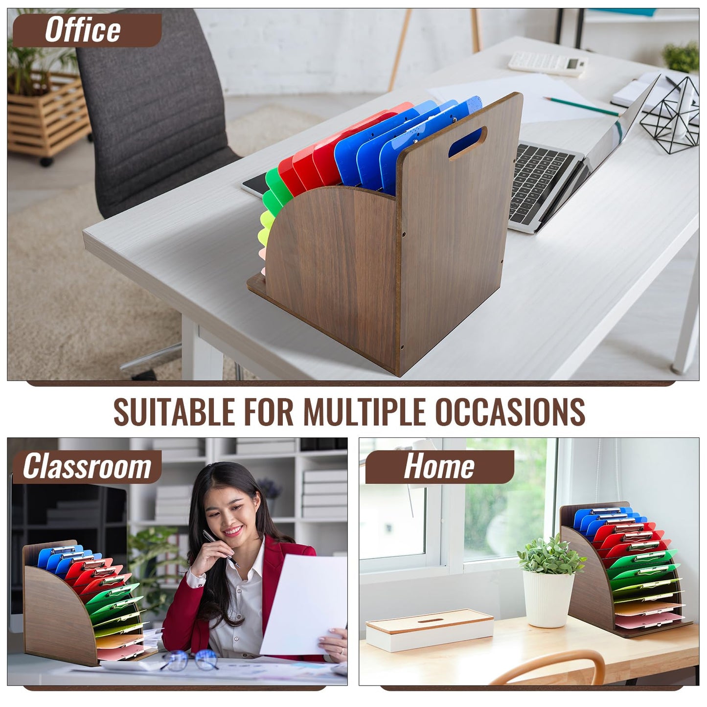 Wonderjune Wooden Clipboard Holder Storage Metal Rack with Raised Side Panel Clipboard Organization for Classroom Office School Teacher, Clip Boards Not Included (Walnut)