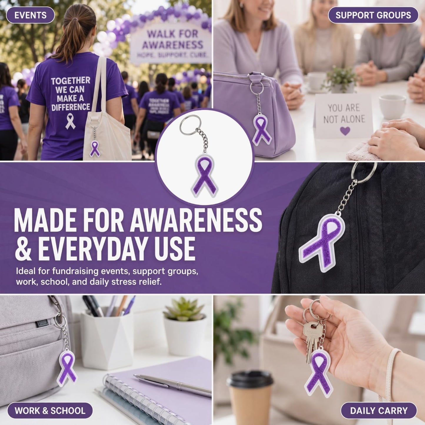 Kenning 12 Pcs Purple Ribbon Awareness 3D Sensory Clicker Fidget Keychains Bulk Support Gifts for Women Campaigns Lupus Fibromyalgia Domestic Violence Awareness Charity Fundraising Party Favors