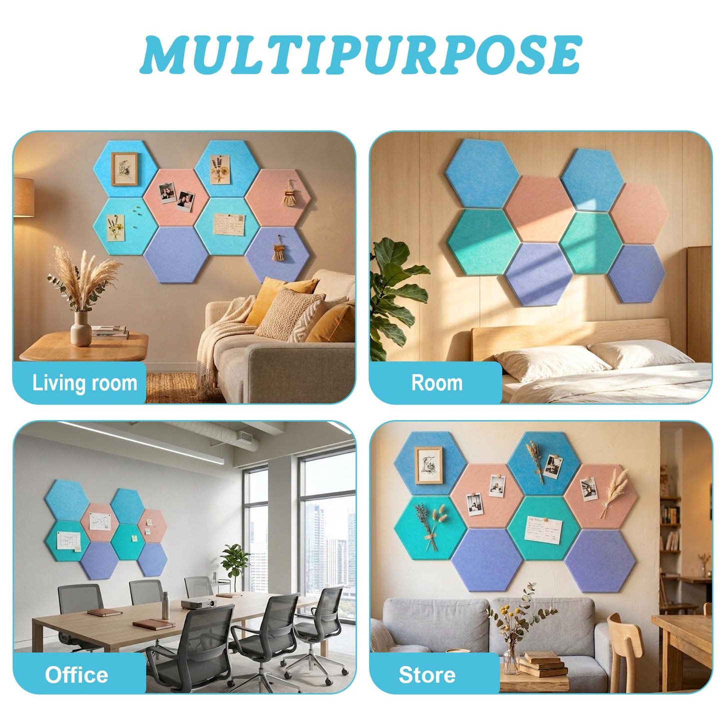 8 Pack Hexagon Cork Board Alternative for Walls Decor, 12" x 10" Self-Adhesive Felt Bulletin Board Tiles with 30 Pushpins, Acoustic Panels for Office,Classrooms (Macaron Fresh)