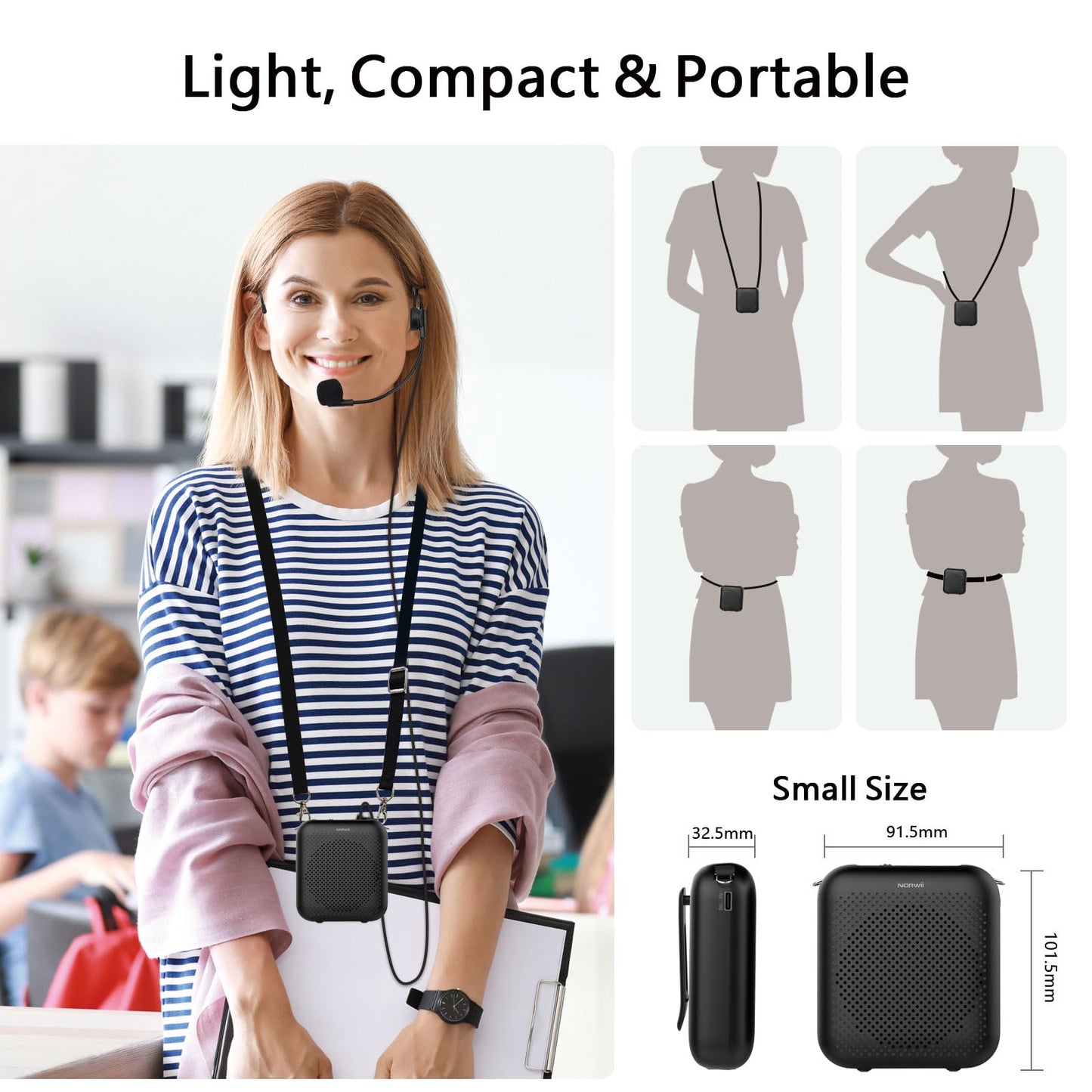 Norwii Bluetooth Voice Amplifier, Power Amplifiers, Portable Mini Wired Microphone Headset for Teacher Classroom & Outdoor Lectures, Teaching, Tour Guides, USB-C Rechargeable - 4000mAh, Black