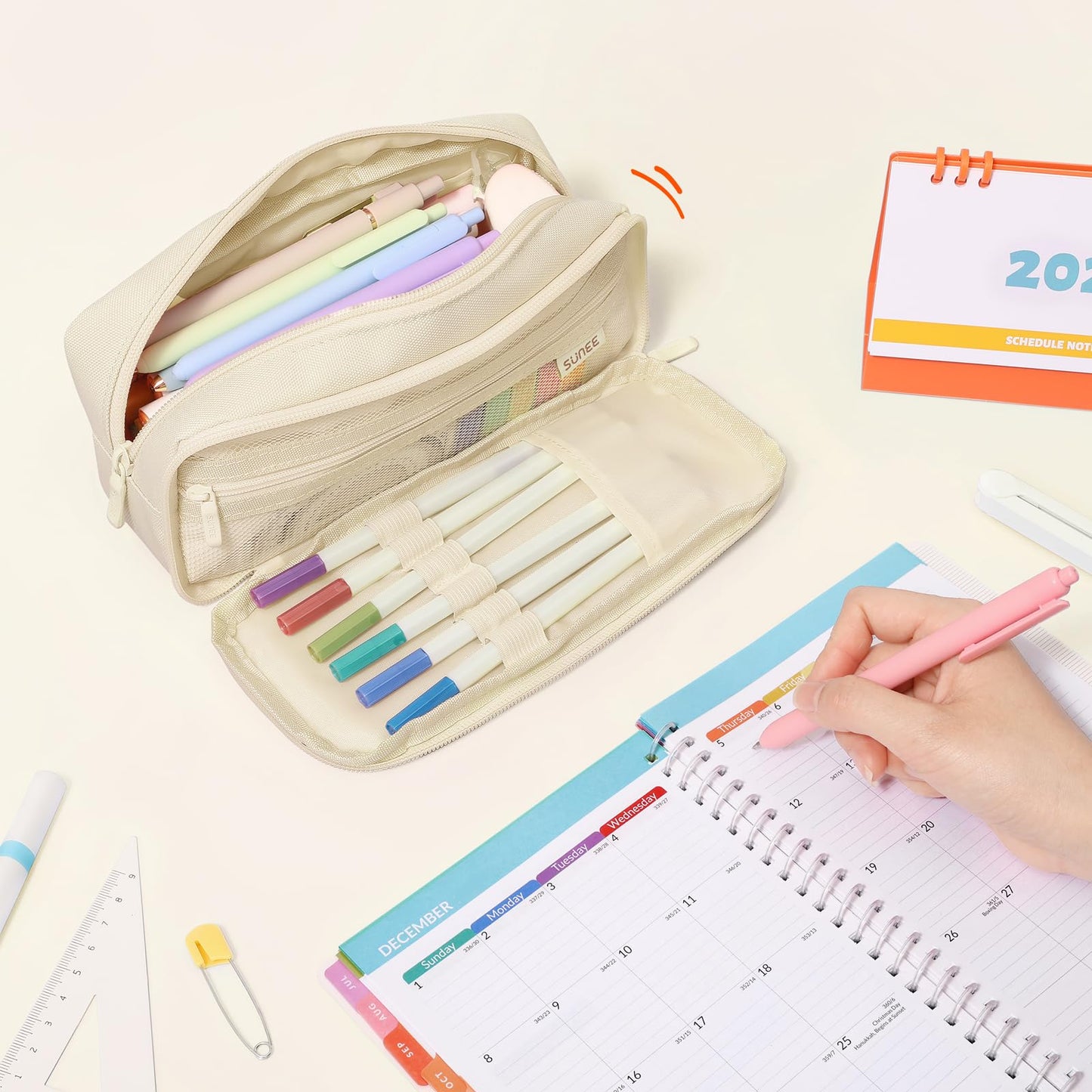 SUNEE Pencil Case, Large Capacity Pencil Pouch, Aesthetic Big Pen Bag 900D Oxford Pen Box for Office Stationery Organizer School Supplies Multifunctional for Teen Boys Girls Women Men, Beige