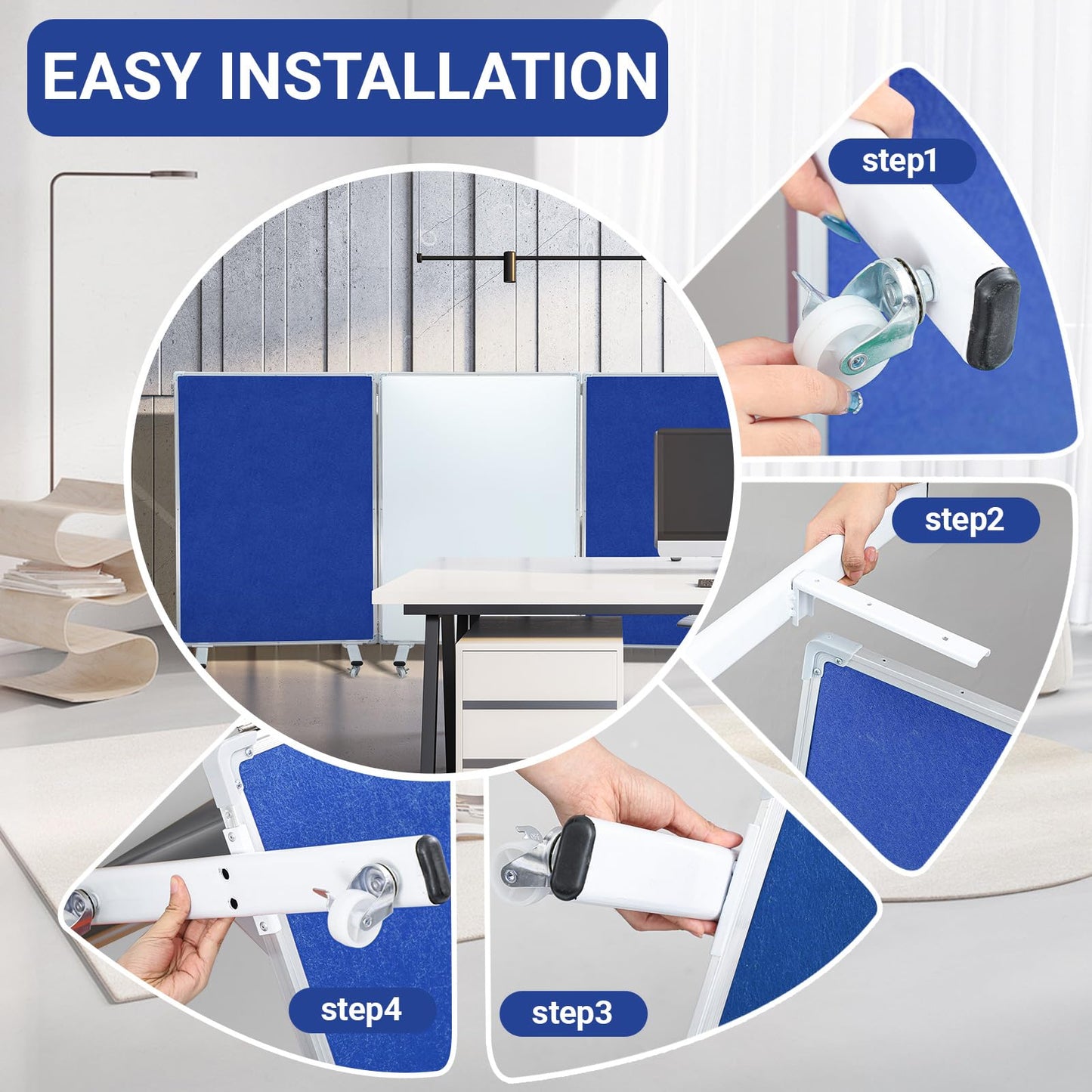 AmazingSpark Set of 3 Classroom Dividers for Room Separation, 4 x 8 ft Short Play Panels for Room Divider, Double-Sided Magnetic Dry Erase Board and Felt Board for Preschool(Blue White)