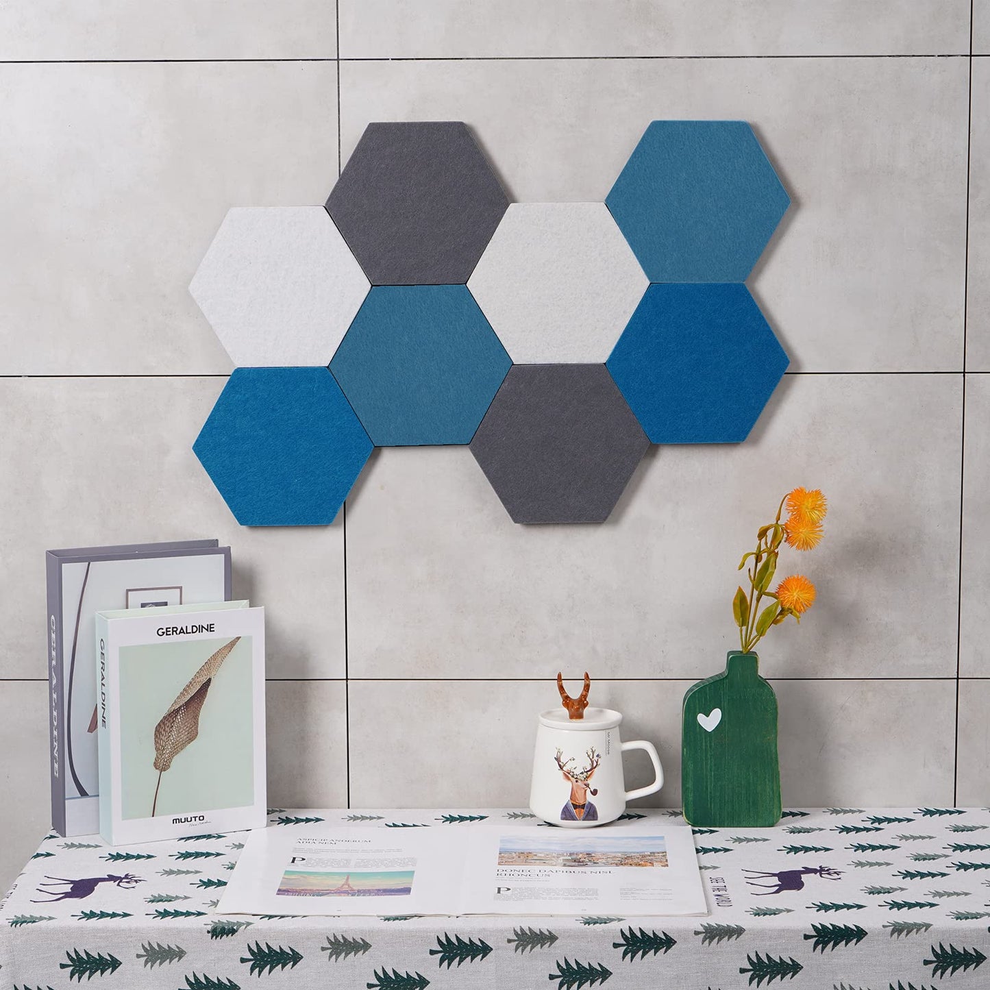 Afumazi 8Pcs Hexagon Felt Cork Board Tiles Self Adhesive Bulletin Board, Pin Board for Wall Decor Memos Photos Display (Set D)