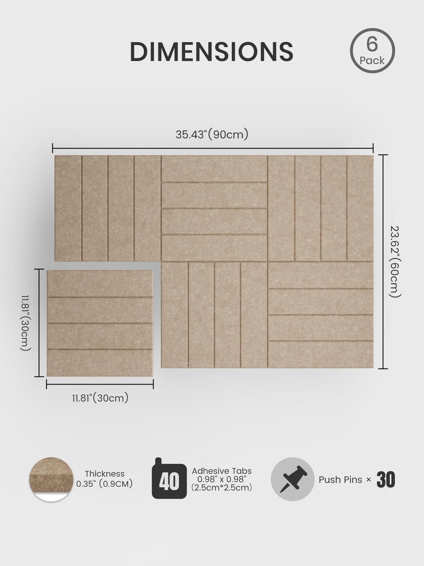 Bumusty Large Cork Board Alternative-36 x 24" Felt Bulletin Board Tiles, with 30 Pushpins, 40 Adhesive Tabs, Bold-Stripe 6-Pack, Cork Boards for Office Push Pin Board Felt Board-Taupe