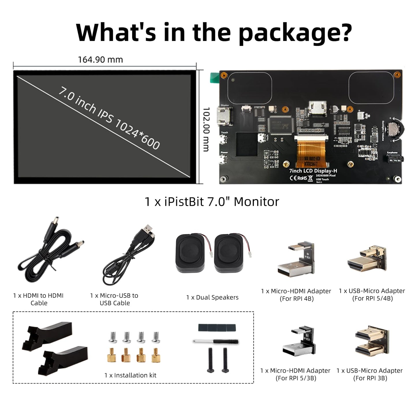 iPistBit Raspberry Pi Screen, 7 Inch Touchscreen Monitor, IPS 1024×600, Dual Built-in Speakers, HDMI Portable Monitor Compatible with Raspberry Pi 5/Pi 4B/3B+/3B, BB Black, Win11/10/8/7, Driver Free