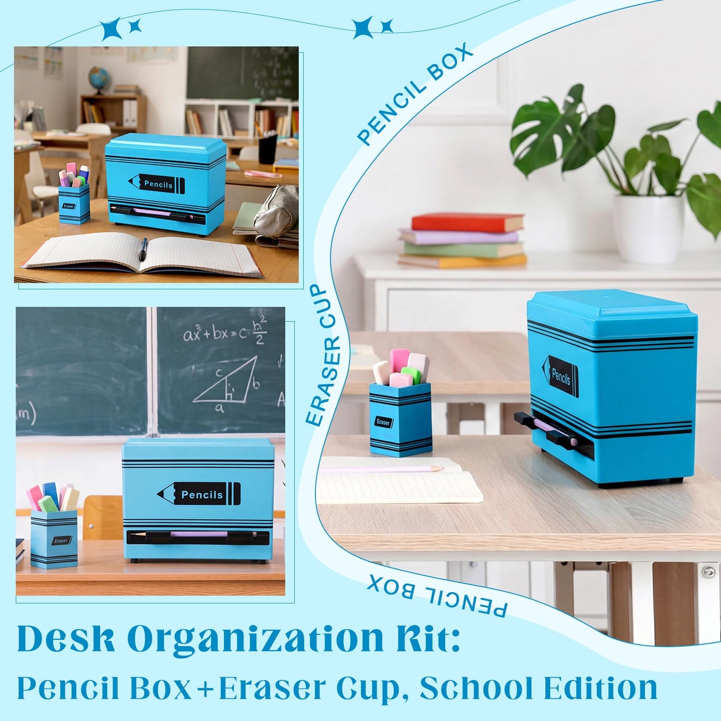Gueevin 2pcs Pencil Dispenser for Classroom, Fun Desk Organizer with Eraser Holder, Interactive Pencil Storage for Teachers, Students & Homeschool Desk Organizer, Back to School Supplies(Blue)