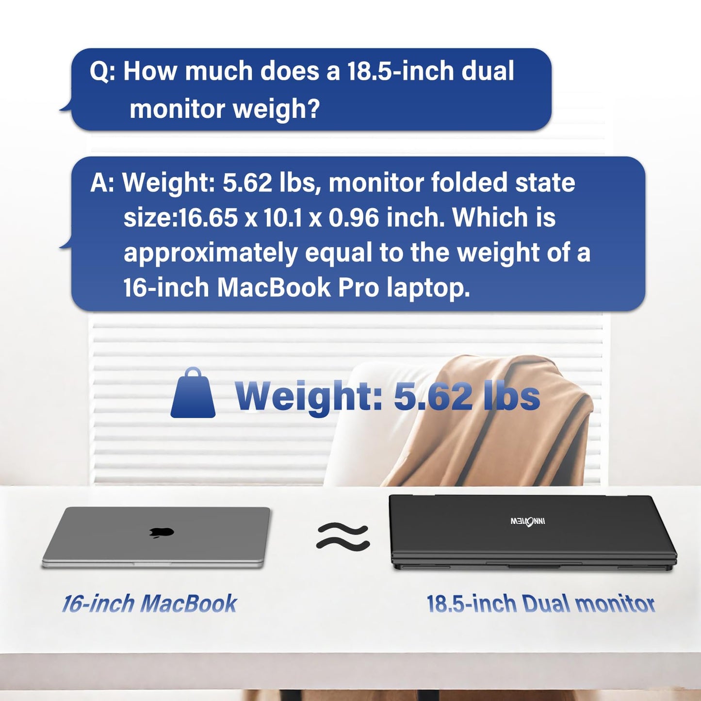 InnoView 18.5" Dual Portable Monitor 100Hz 2K 2560x1600P 100% sRGB Foldable & Stackable Design with 315° Screen Adjustment | DP/USB-C/HDMI, Second Monitor for Laptop, Mac, Windows