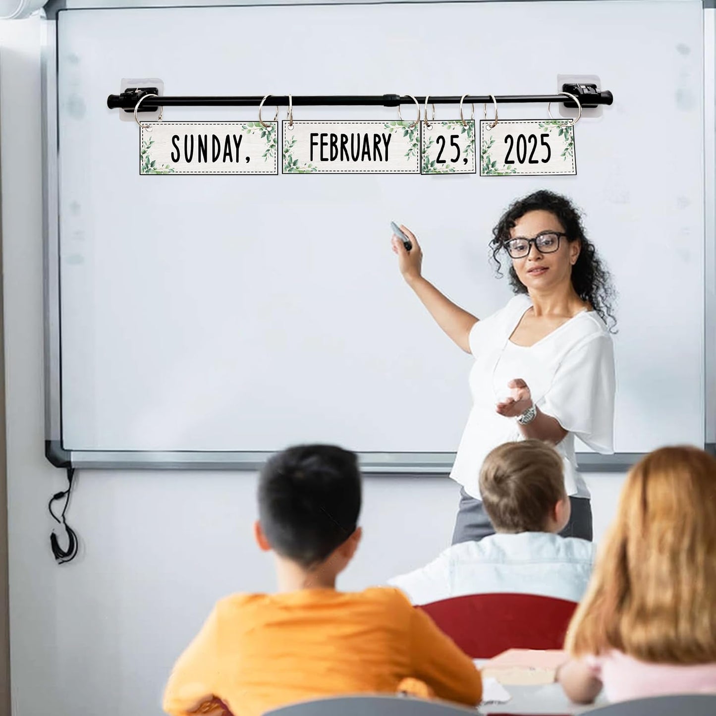 Flip Calendar Bulletin Board Set Classroom Decorations for Whiteboard with Adjustable Flip Calendar Rod Holder Date Cards Days of The Week for Classroom School Supplies(Greenery)