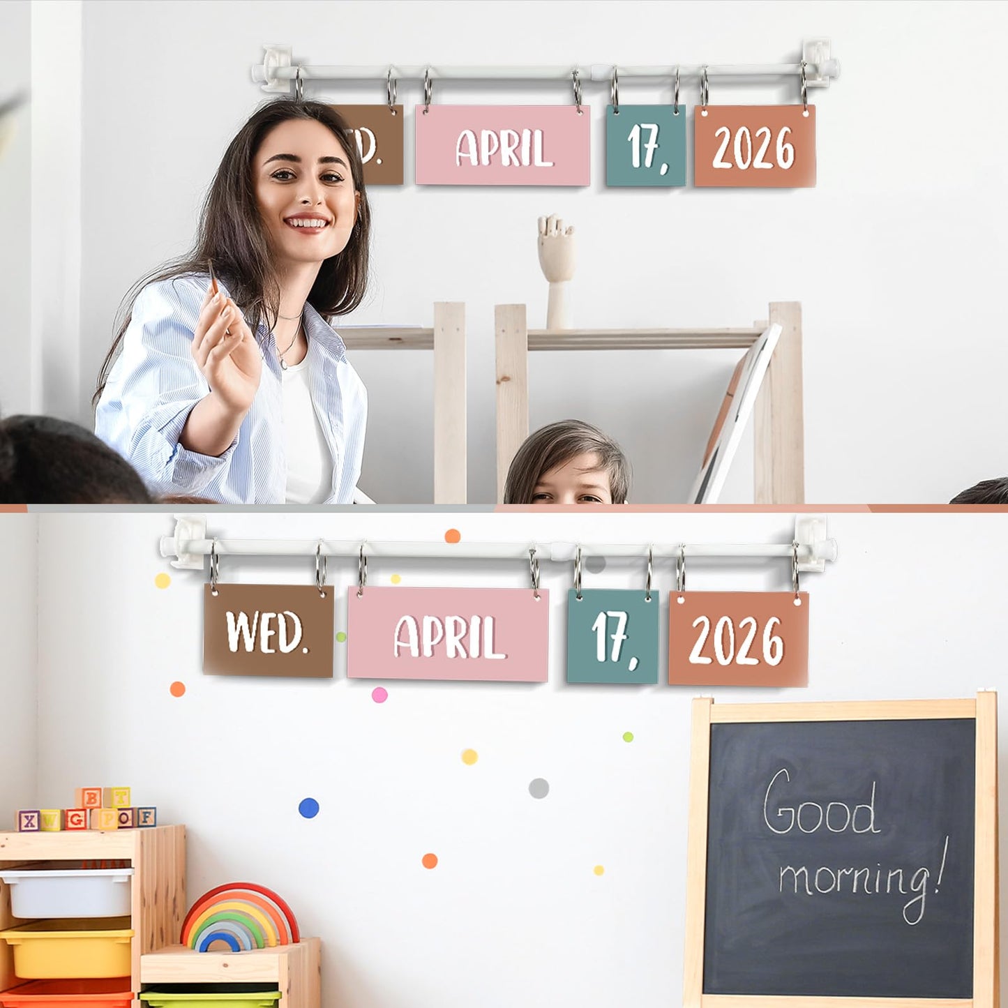 Boho Flip Calendar for Classroom Bulletin Board Set Boho Rainbow Calendar Class Whiteboard Decor with 2026 to 2030 Years Date Cards and Adjustable Rod for Home Elementary School Teacher Supplies