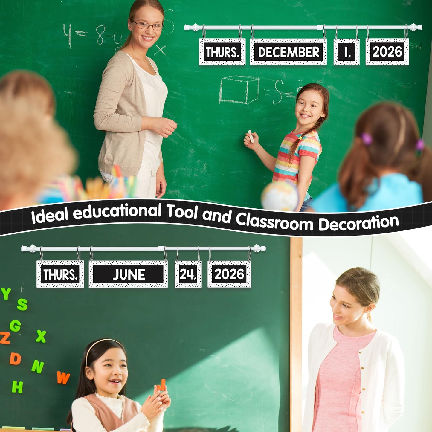 Magnetic Black and White Flip Calendar Bulletin Board Set, 60 Calendar Cards with Adjustable Magnetic Rod, Polka Dot Classroom Calendar Date Cards Set for Class Whiteboard Decor Back to School Teacher Supplies