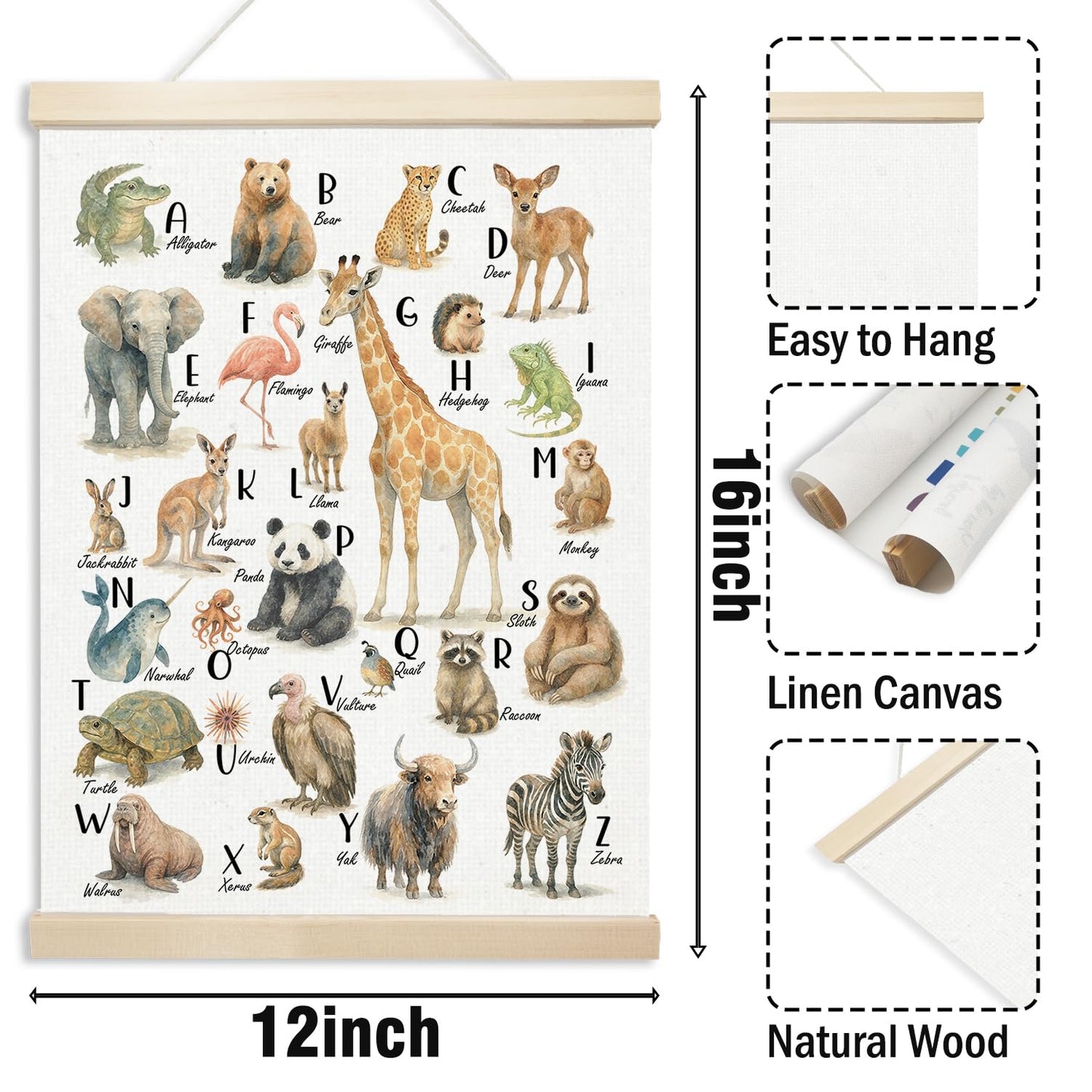 Xmsaitar Classroom Animals Zoo Alphabet Poster Hanger Frame Wall Decor, Cute ABC Prints for Wall Hanging Decor Art, Nursery Educational Banner for Kids Toddler Room Dorm Playroom Preschool 12x16in