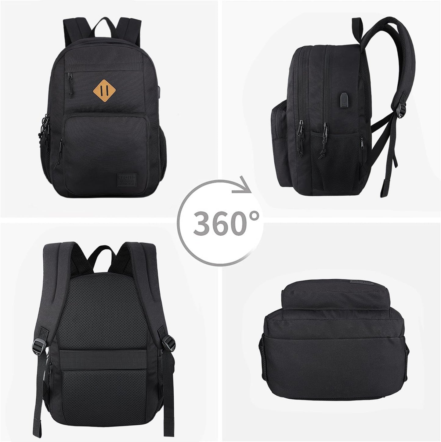 KEOFID Travel backpack for Men and Women, Anti Theft Laptop Backpack with USB Charging Port for Work, Large Bag for College, Carry-on Backpack with Luggage Strap, Water Resistent(Black)