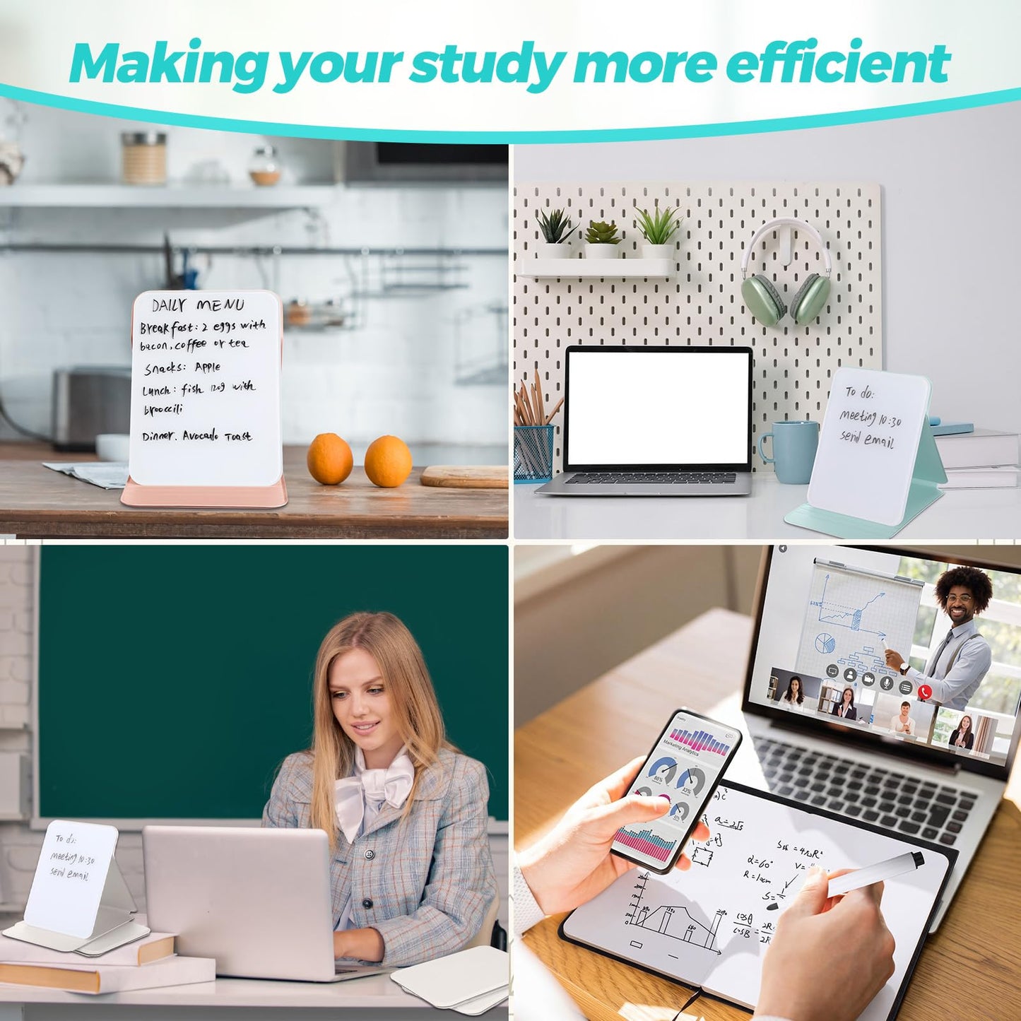 Dunzoom 4 Sets 8 Pcs Small Glass Desktop Whiteboard with Reversable Stand 8x6 Inch Mini Dry Erase White Board Easel with 2 Markers Reusable Desk Notepad for Home Office School Supplies (4 Colors)