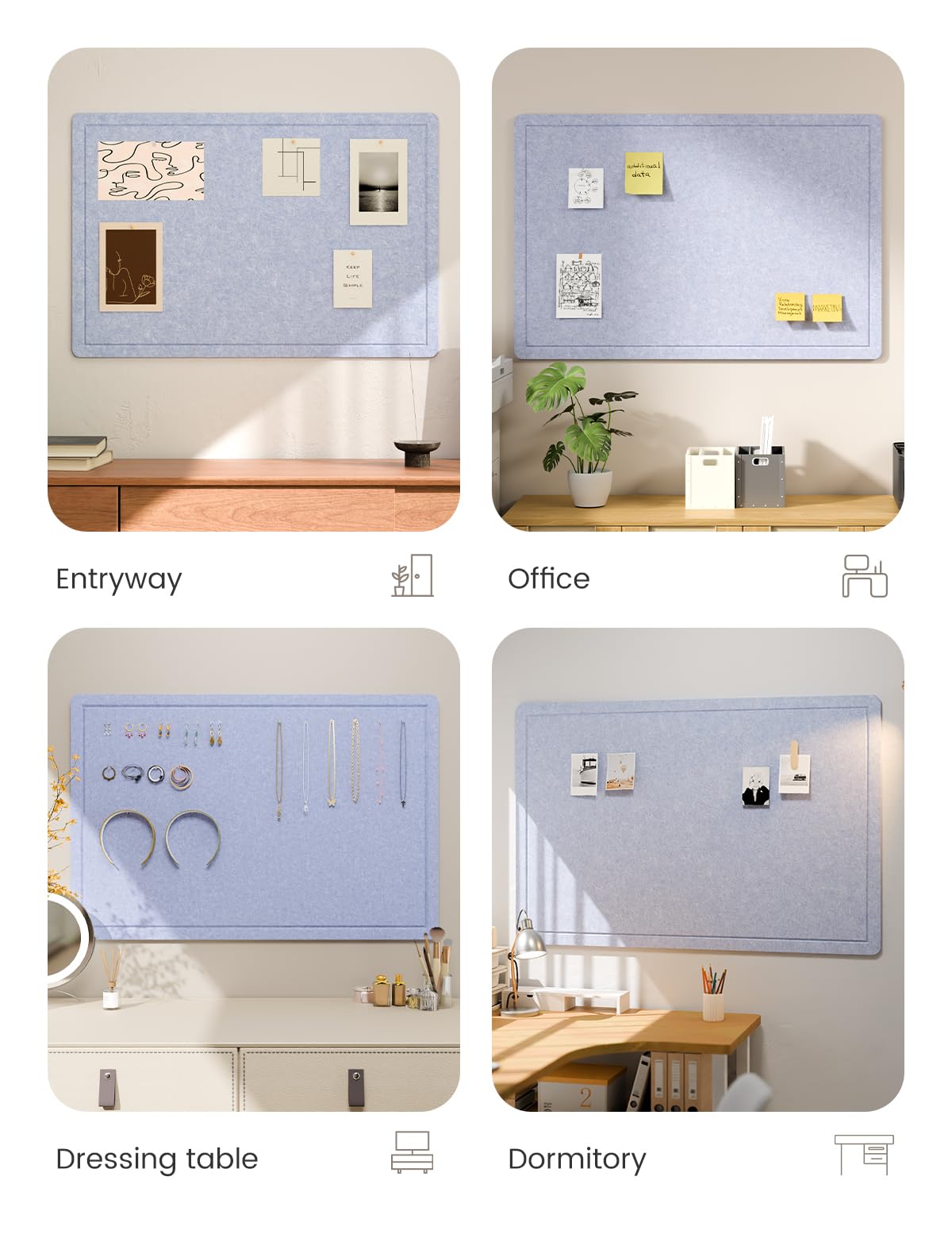 Fluxynara Bulletin Board,35.4" x 23.6" Cork Board Alternative with 12 Safe Removable Adhesive Tabs, Foldable Felt Pin Board for Home Office, Classroom, Bedroom,Entryway for Walls—Soft Periwinkle