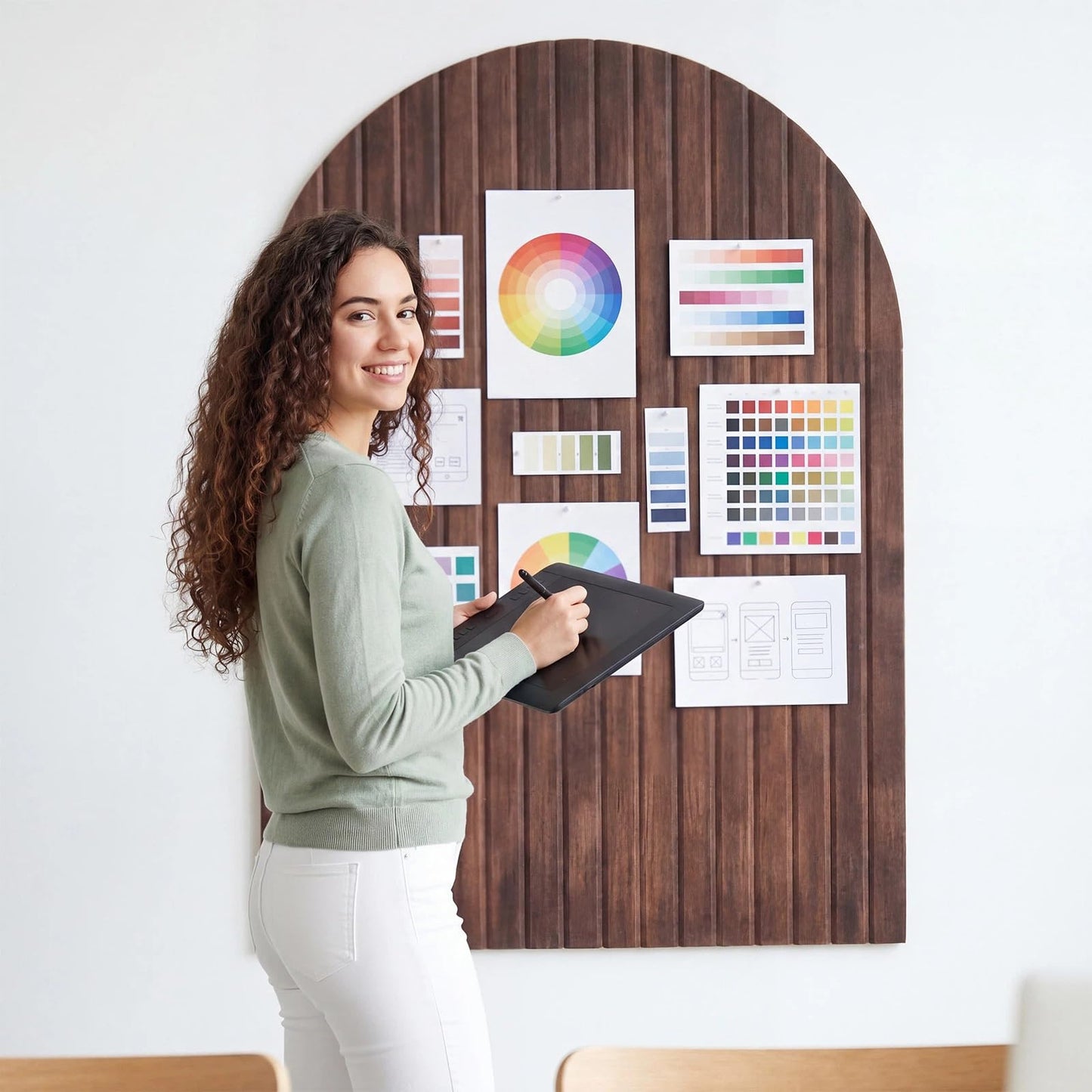 Mindsoft 1 Pcs 35" x 24" Large Integrated Arched Felt Bulletin Board - Foldable Cork Board Alternative - No Assembly Wall Decor for Office, Bedroom & Home Display Photos (Walnut)
