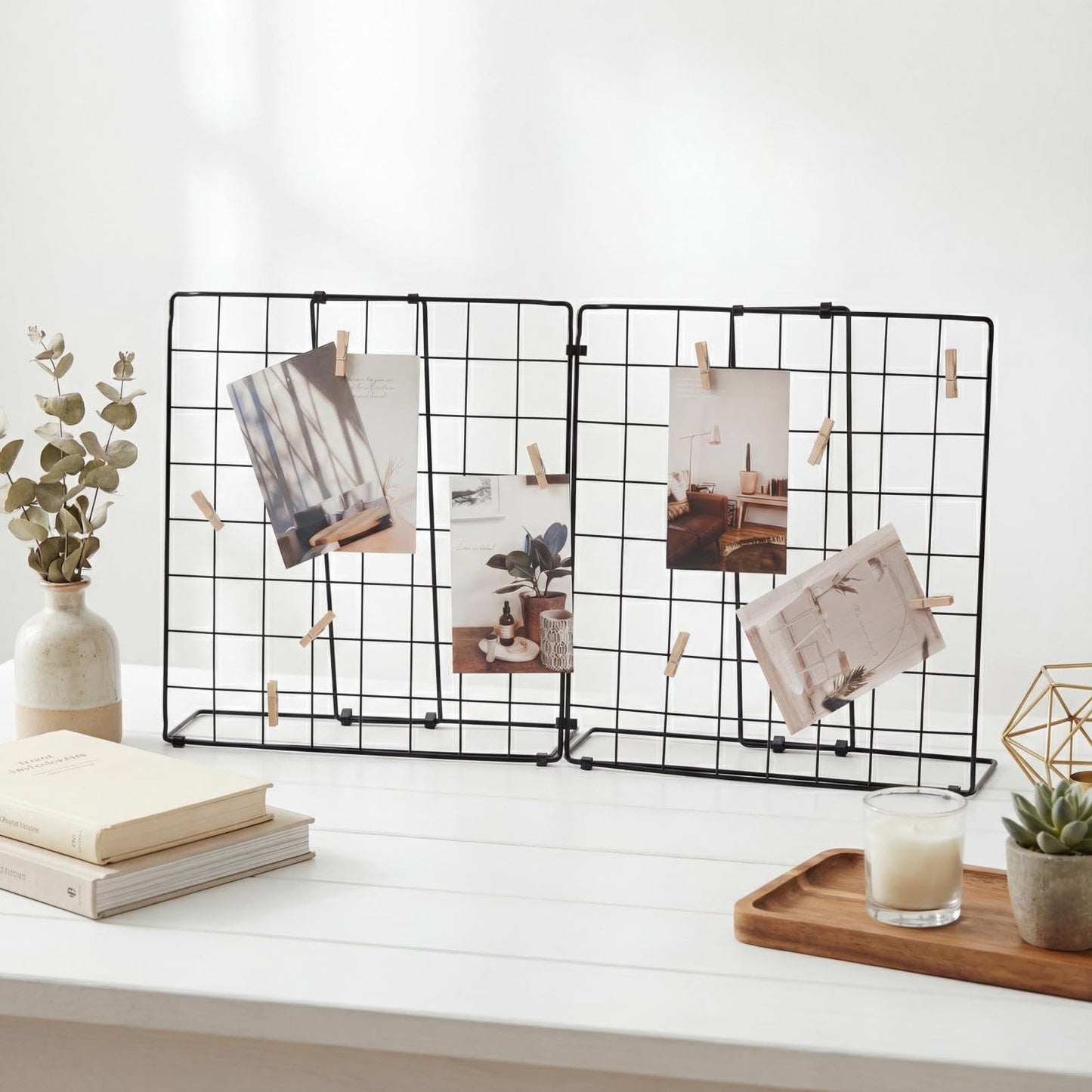 JAJAGOU Foldable Desktop Photo Display Rack & Grid Display Board with 20 Wooden Clips – Photo, Accessory & Handcraft Display Organizer for Home Office Black