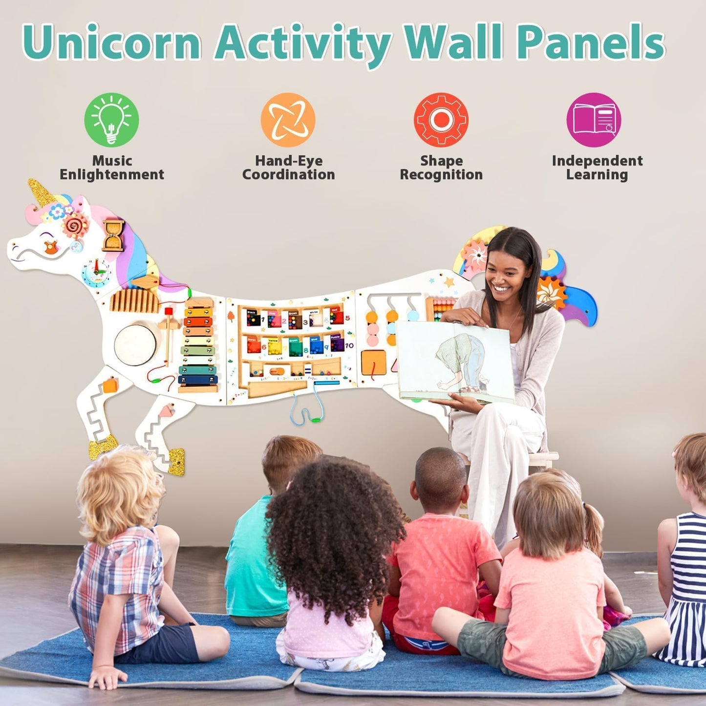 5FT Large Unicorn Activity Wall Busy Board Panels Wooden Learning Activity Center Montessori Sensory Wall Panel for Kids Interactive Educational Toy for Playroom Daycare Nursery Classroom Decor Gift