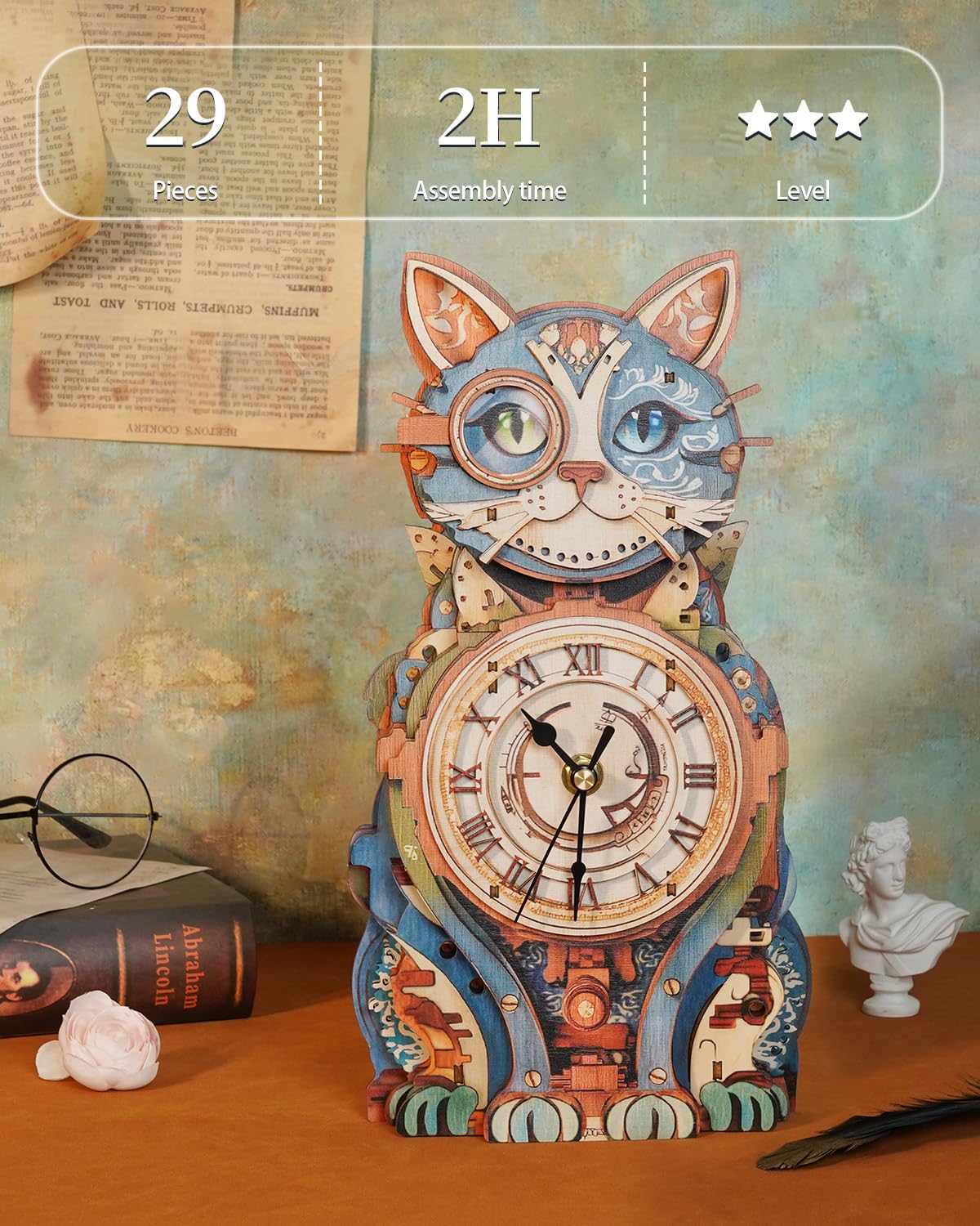Rnfinewow 3D Wooden Puzzles for Adults, Detective Cat Clock with Pendulum Model Kit, 3D Puzzles for Adults Room Home Decor DIY Wall Clock Kit, Holiday Birthday Christmas Day Gifts for Men Women