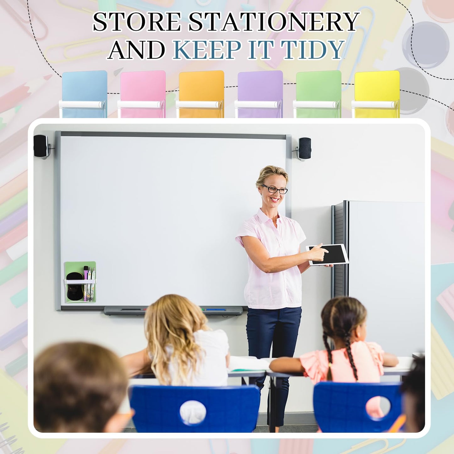 Sherr 6 Pcs 6 Pcs Magnetic Pockets Pen Marker Holders for Classroom Whiteboard 4.7 x 6.5 Magnetic Clear File for Fridge Locker Dry Erase Marker Storage Teacher Supplies (4.7 x 6.5 in,Macaron)