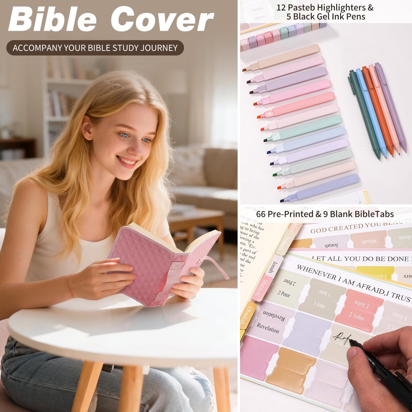 KOPKOFT Large Bible Cover Case for Women, Quilted Church Tote Bag with Shoulder Strap, Bible Study Supplies Journaling Kit Bible Accessories, Christmas Christian Gift for Women (Pink)