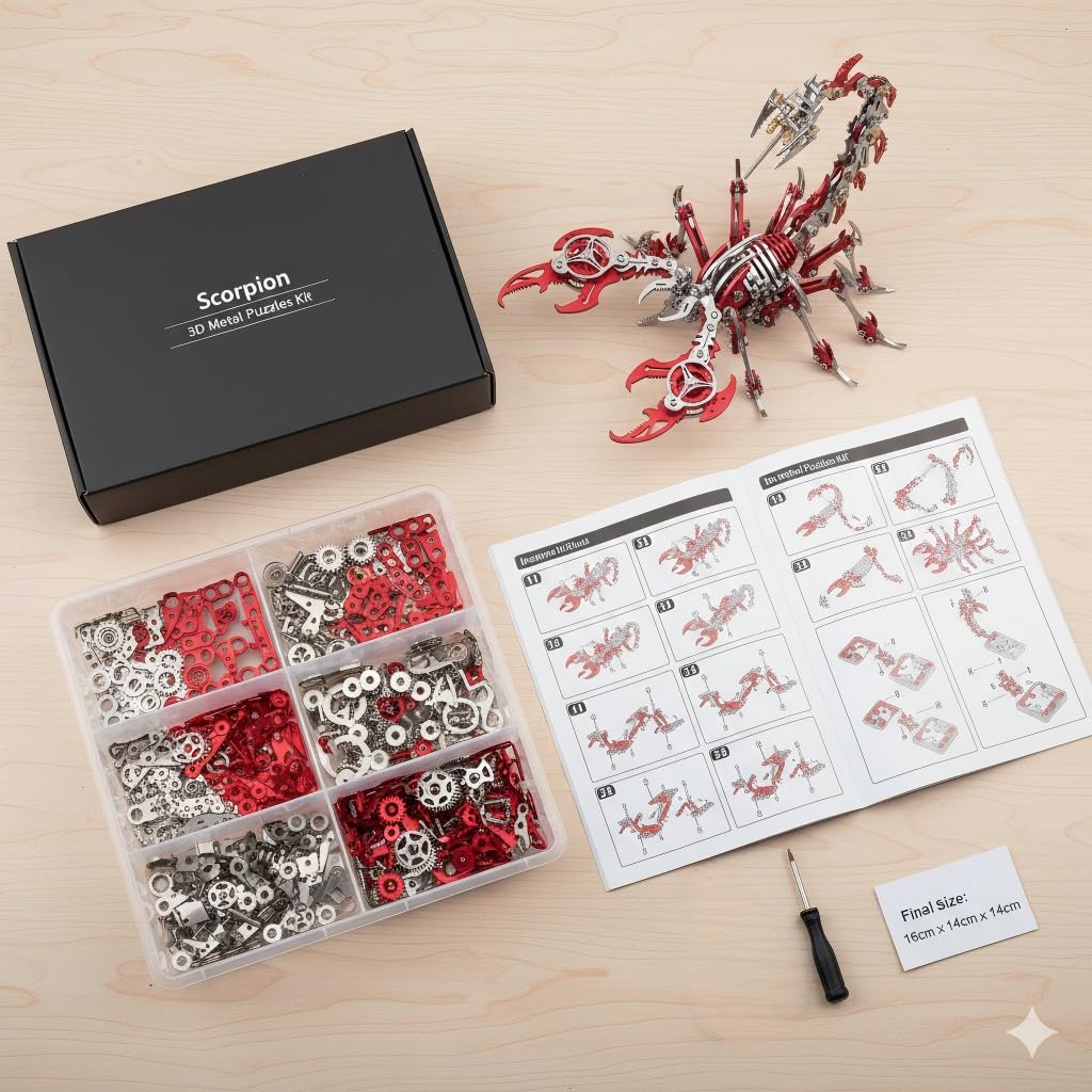 Scorpion 3D Metal Puzzles for Adults, 454PCS Stainless Steel DIY Mechanical Metal Model Kits, No Glue Assembly with Movable Joints, Challenging Metal Building Kit Desk Decor Gift (Red)
