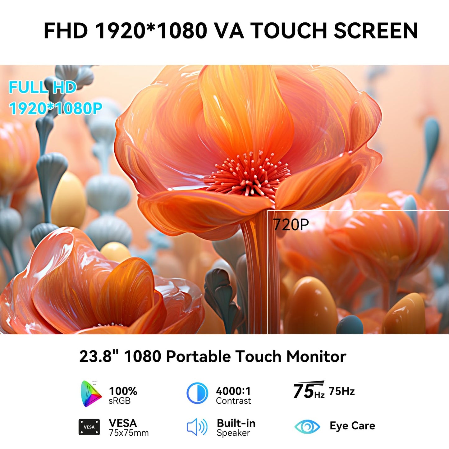 23.8" Portable Touchscreen Monitor 100% sRGB VA FHD 1080P, 4000:1 Contrast, VESA, Built-in Speaker, w/90°Adjustable Stand USB-C HDMI 75Hz External Second Touch Screen Display for Laptop/PC/Phone