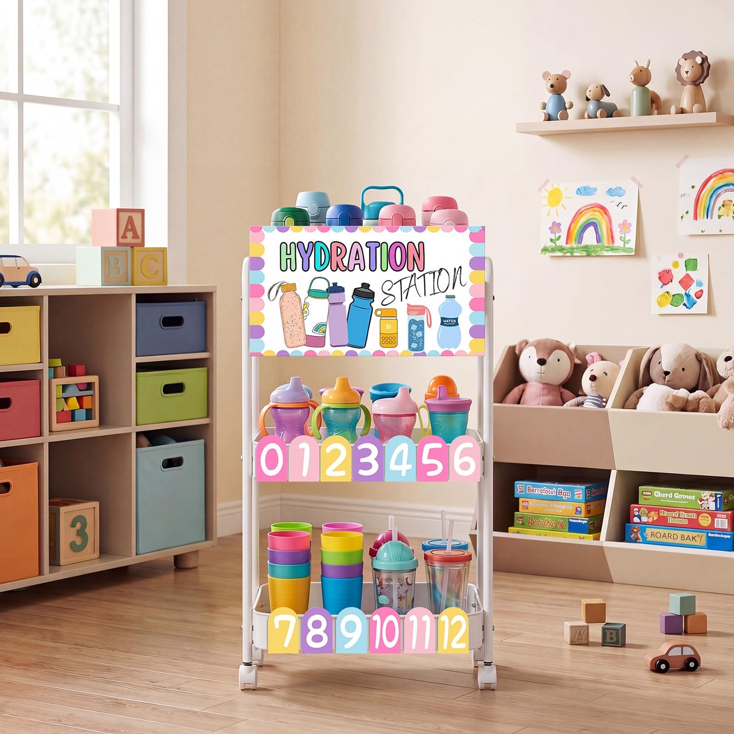 Sieral Hydration Station Classroom Storage Trolley 3-tier Plastic Rolling Water Bottles Storage Car with Handle Hydration Station Sign Stickers Set for Classroom Office Water Bottle Organizer Supplies