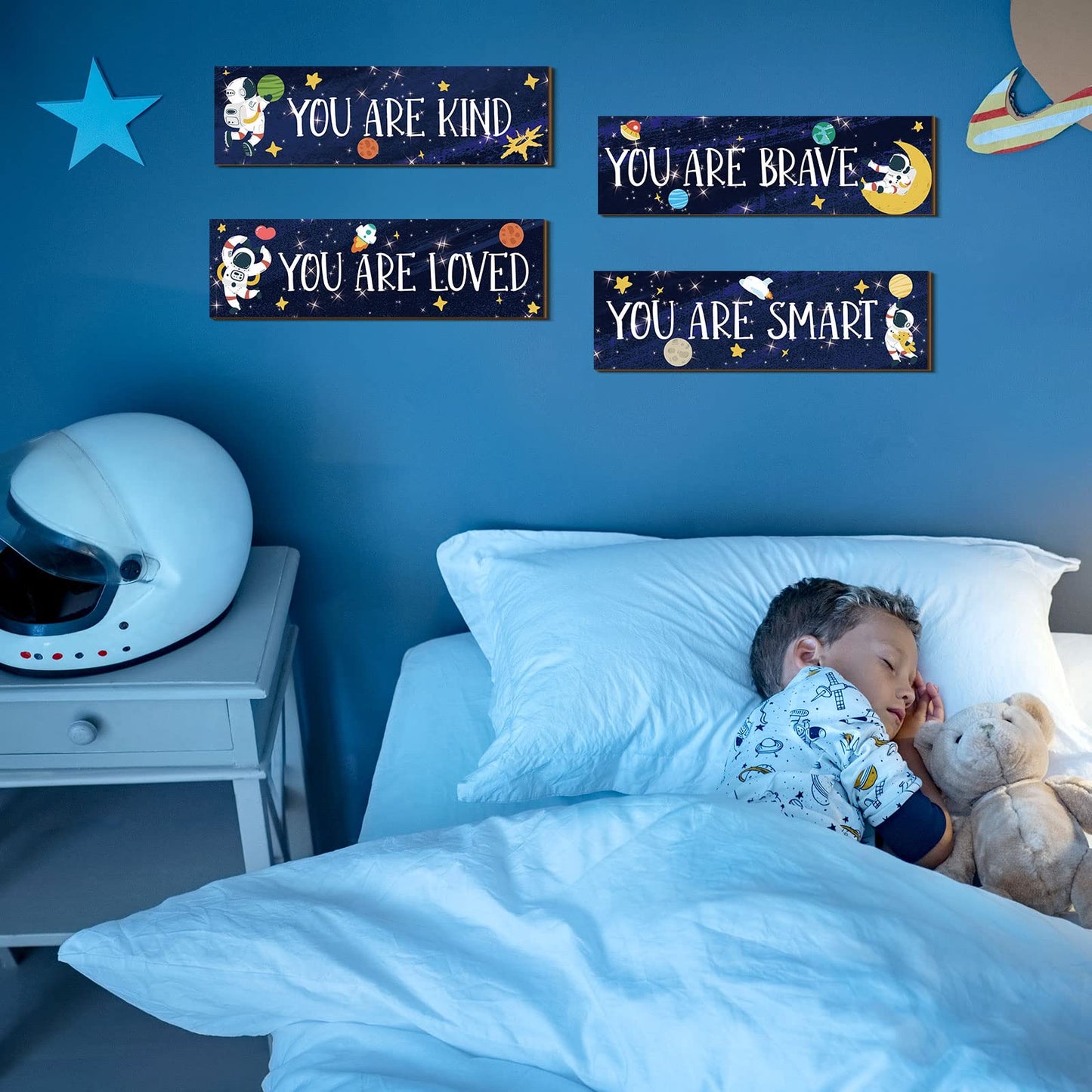 Yookeer 4 Pcs Space Room Decor for Kids Boys Outer Space Wall Art Bedroom Decor for Nursery Classroom Astronaut Galaxy Posters Spaceman Wood Sign Be Brave and Be Kind for Baby Boy(You)