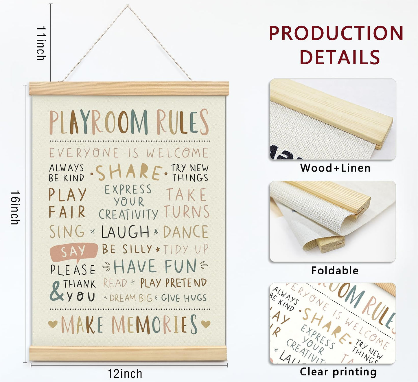 foedor Playroom Rules Decor, Kids Play room Wall Decor Sign Poster Hanger Frame,Playroom Essentials, Decor for Kids Home School Toddler Play room, 12x16 Inch