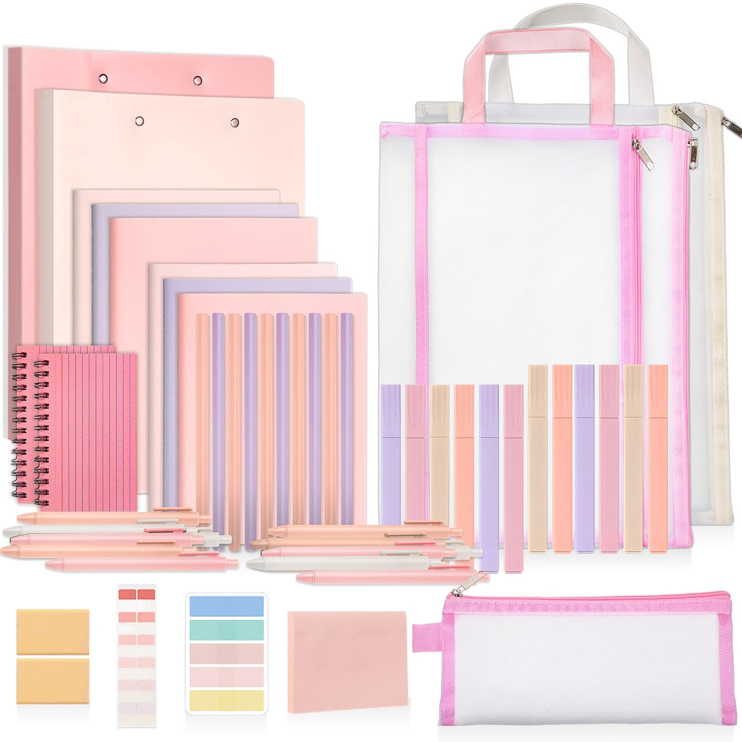 Colarr 54 Pcs Cute Notebook Stationery Set for Women, Bible Study Supplies, 6 Lined Notebooks, 36 Pens, Sticky Notes & Tabs, Bags & Folders for Work Journal Study College Office Supply(Pink)