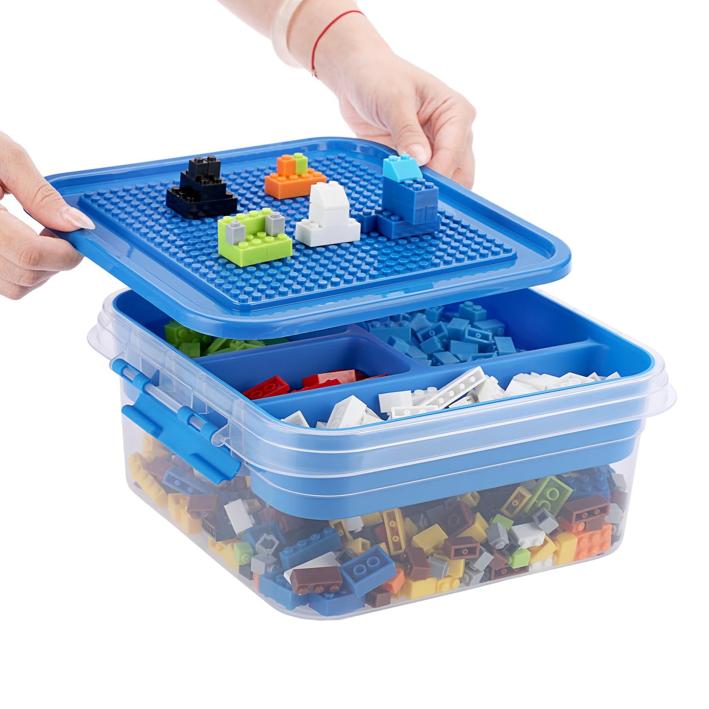 OGANAZI Plastic Storage Container with Bricks Baseplate Lid for Building Blocks, Bricks Building Set Organization Bin with Compartments Tray, Stackable Storage Box Building Block Chest Case (Blue)