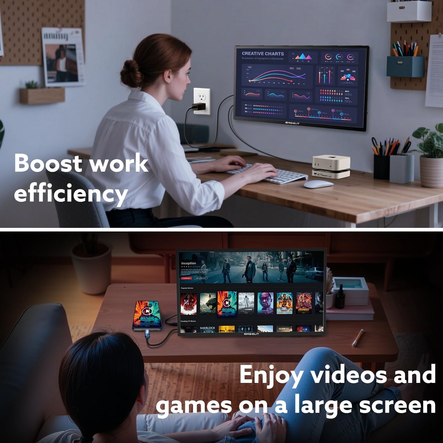 GWSGUT 23.8'' Portable Monitor 2.5K 180Hz QHD 1440p, VESA USB-C HDMI Laptop Screen Extender, Built-in Stand Speakers for Laptop Mac PS4/5 Xbox Switch