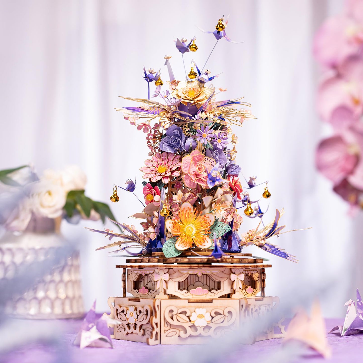 MU 3D Metal Puzzles for Adults Feast of Flower, 3D Wooden Puzzles Metal Model Kit Building Wood Flowers Kits DIY Craft Set with Music Box Lighting, Birthday Hobby Gift Home Desk Decor