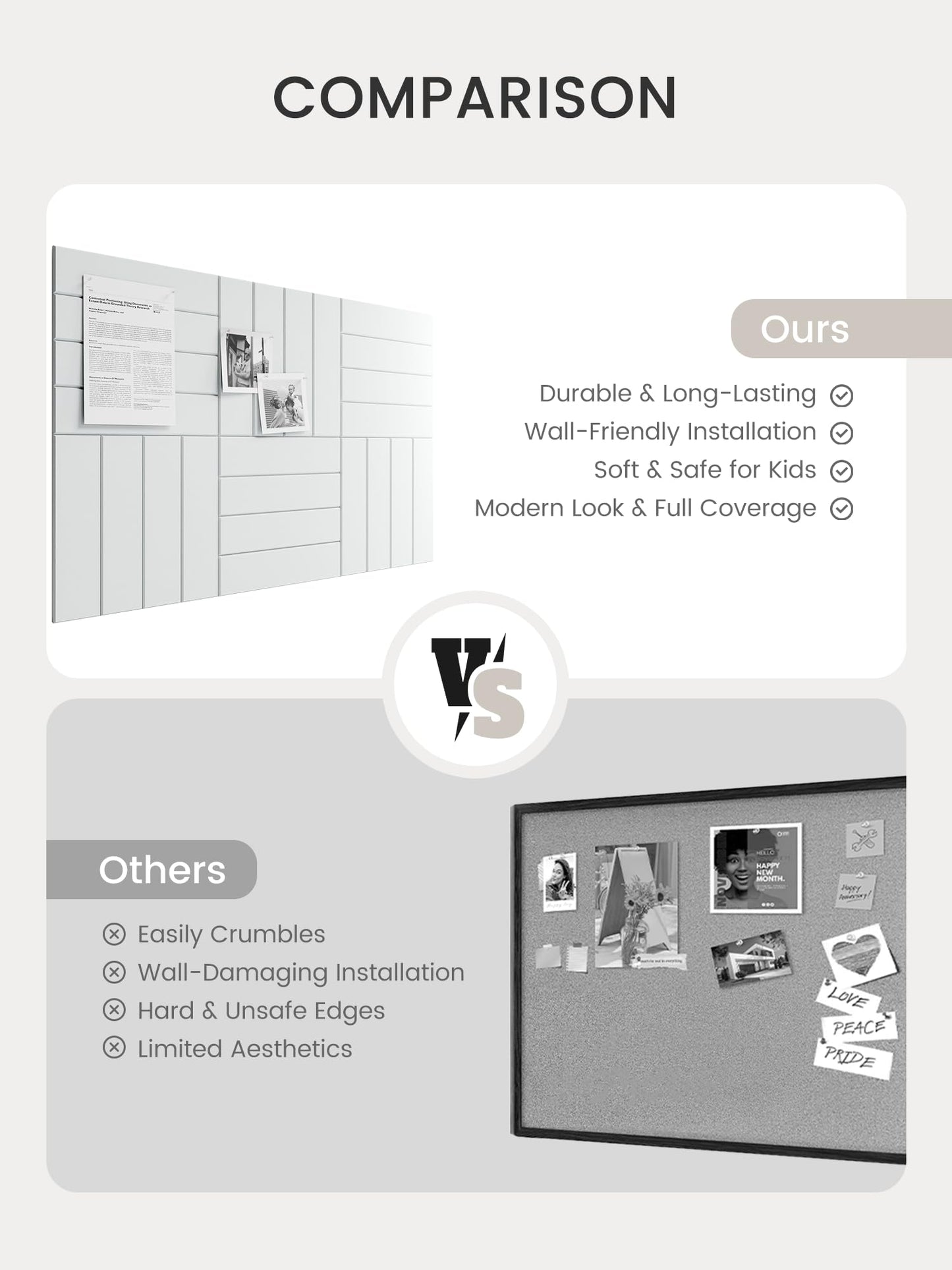 Bumusty Large Cork Board Alternative-36 x 24" Felt Bulletin Board Tiles, with 30 Pushpins, 40 Adhesive Tabs, Bold-Stripe 6-Pack, Cork Boards for Office Push Pin Board Felt Board-Cold White
