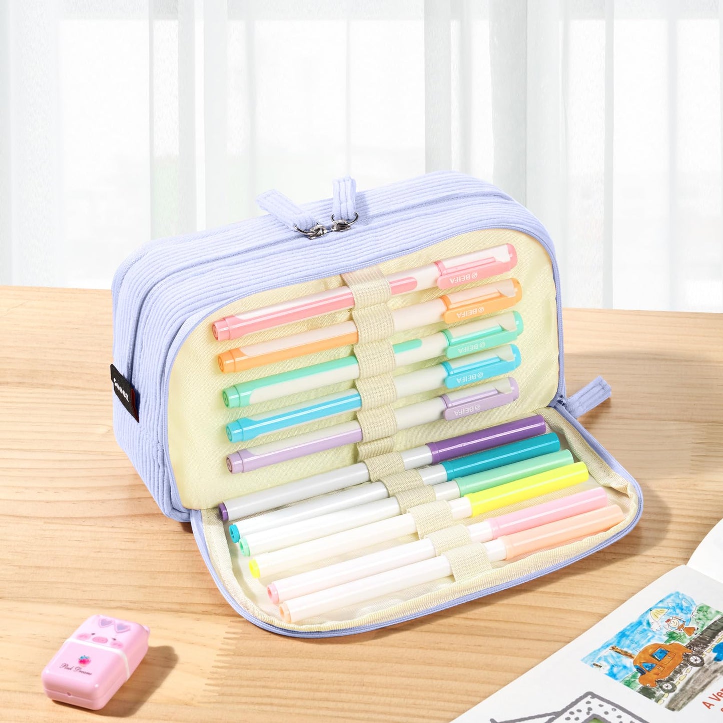 Sooez Big Capacity Pencil Case Pen Pouch, Soft Corduroy Pencil Bag with 3 Compartment, Multiple Pockets, Sturdy Zipper, Cute School Supplies Pen Bag Organizer For Teen Girls College, Blue